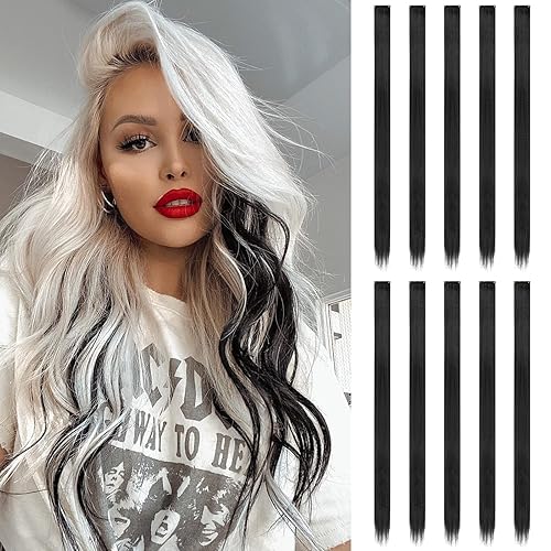 Miniatura 13 de FESHFEN Extensiones de Cabello con Clip de Colores - 10 PIEZAS Mechón de Cabello con Reflejos Azul Oscuro Extensiones Sintéticas Lisas con Clip