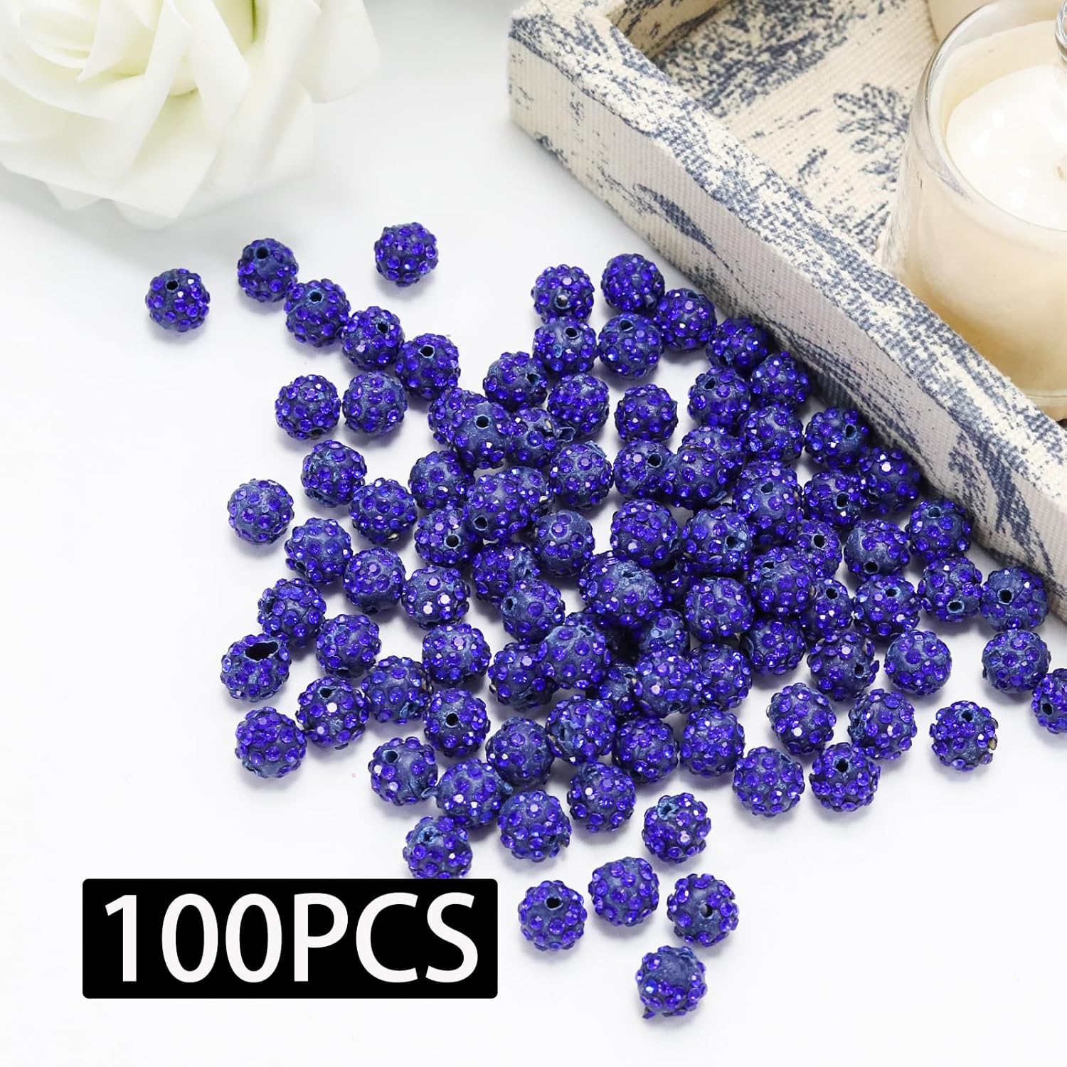 Pine & Linen 100 pcs 10mm Shiny Rhinestone Beads, Round Disco Ball Bulk Sparkle Clay Baseball, Fancy Crystal Beads for Jewelry Making/Crafting and DIY(Dark Blue) - Image 3