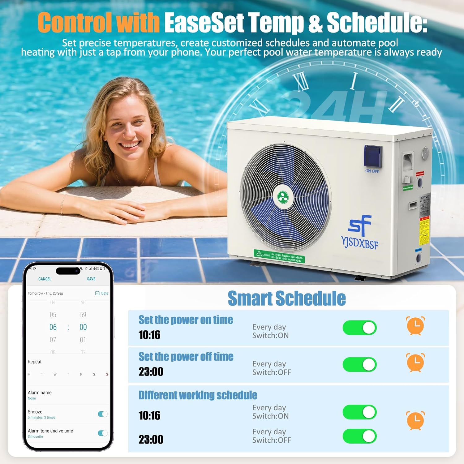 12,000 Gallon Electric Pool Heater, Suitable for Above Ground Pools, 50,000 BTU Pool Heat Pump, Supports APP Timer, Intelligent Energy-Saving Pool Heater, 220V-240V
