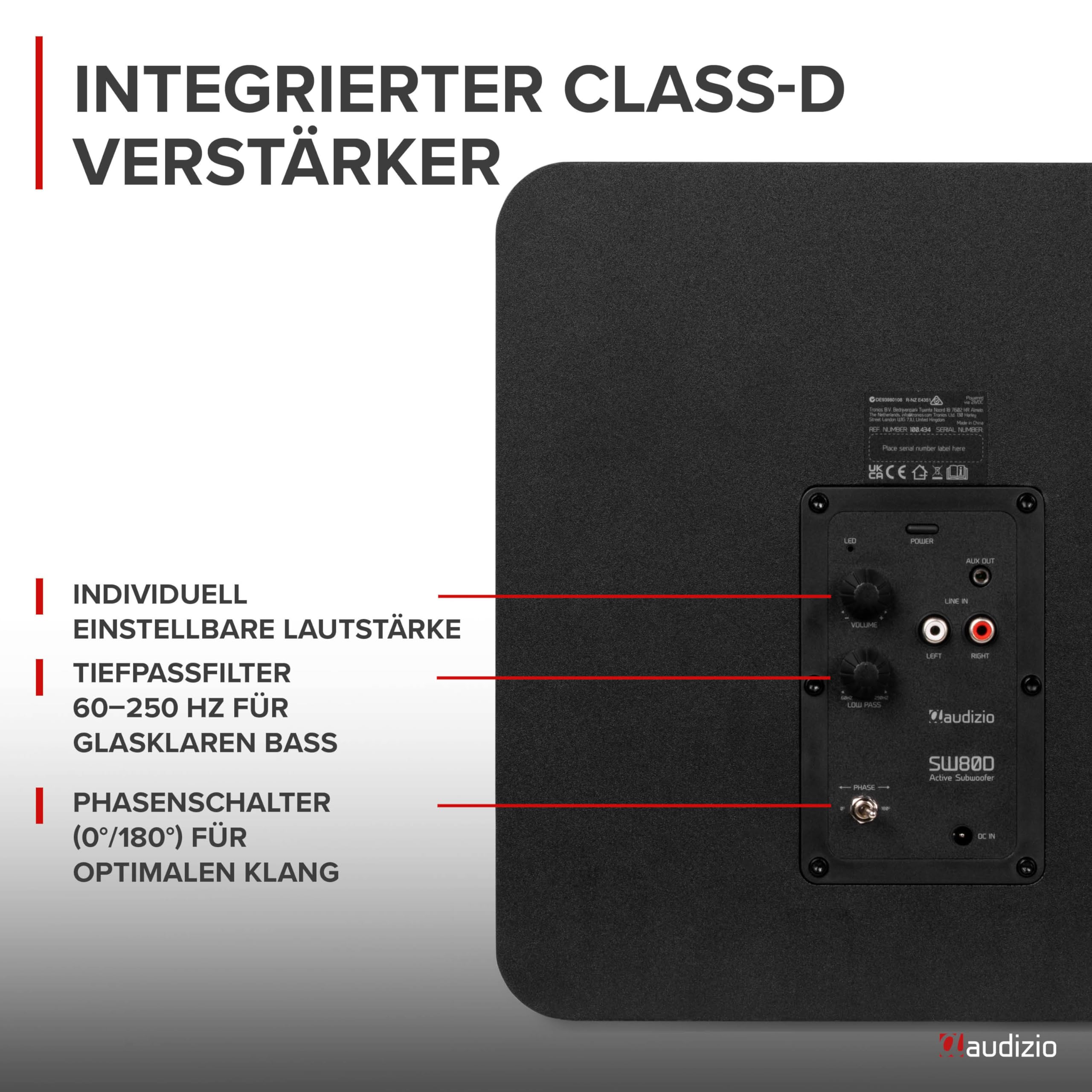 Audizio SW80D Subwoofer Aktiv - 160 Watt - 8 Zoll, Leistungsstarker Aktiv Subwoofer Heimkino - Für Klare Bässe, Eingebauten Class-D-Verstärker, Beeindrückende Audiowiedergabe von 60 Hz bis 250 Hz