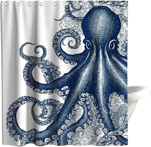 Vista 32 de Juego de cortinas de ducha náuticas de tela, diseño de pulpo, monstruo, velero, decoración de baño con ganchos, impermeable, lavable, 72 x 72
