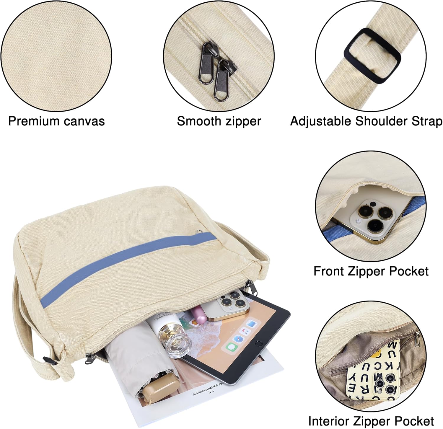 Canvas Messenger Bag Large Hobo Crossbody Bag with Zipper Casual Shoulder Tote Handbag for Women and Men - Image 4