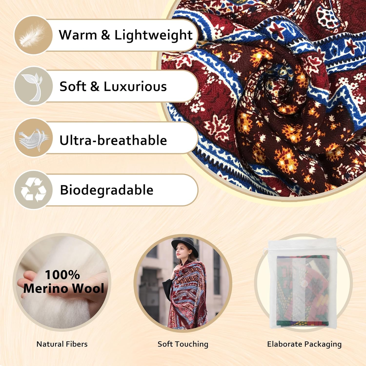 DANA XU 100% Merino Wool Extra Large Pashmina Blanket Travel Scarf Cashmere Wrap for Women Fall Winter Oversize Shawl Floral - Image 3