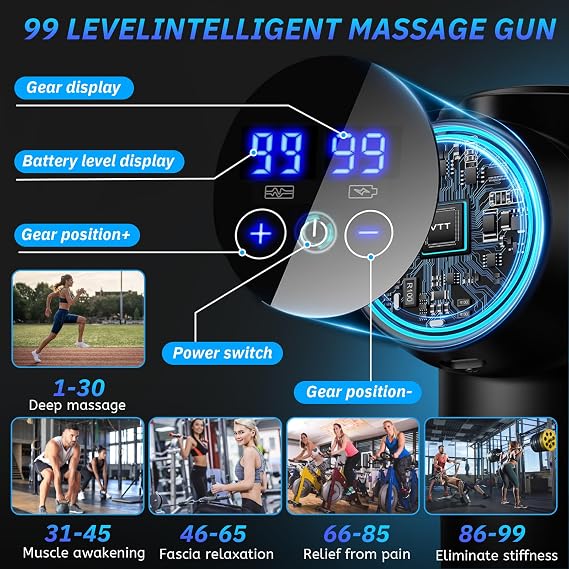 Deep Tissue Massage Gun, Muscle Percussion Massager, 99 Speeds with LCD Touch Screen, 8 Heads for Shoulder Relaxation