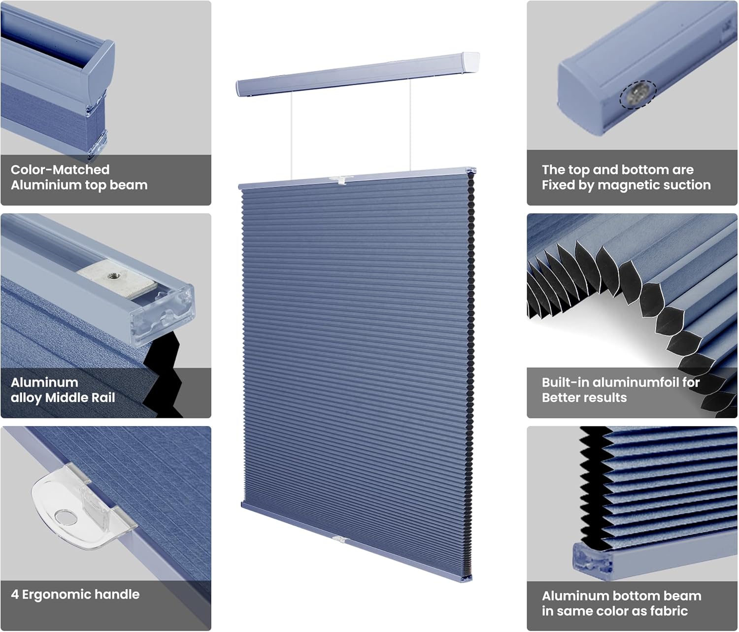 Top Down Bottom Up Cellular Shades for Windows,Blackout Cordless Honeycomb Blinds,UV Protection Easy Install Window Blinds for Home Door.Blue.35.5" W x 72" H