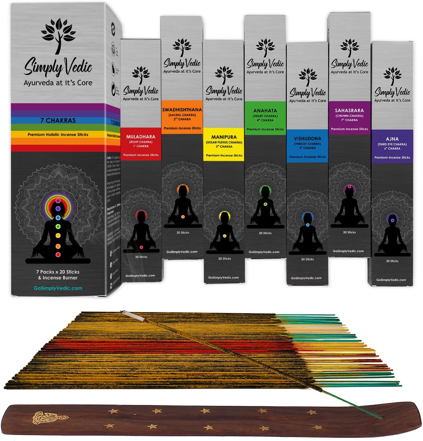 Simply Vedic 7 Chakra Incense Sticks, Aromatic Bliss for Balance & Healing| Handcrafted 140 Sticks with Pure Natural Scents to Align Energy Centers, Aromatherapy, Meditation, Yoga, Promote Relaxation