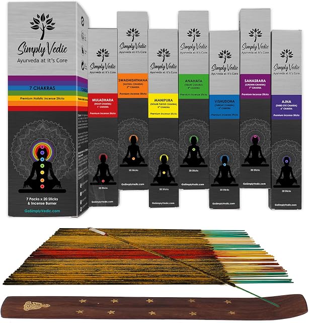 Simply Vedic Premium 7-Chakra Incense Sticks| for Chakra Activation, Healing, Meditation, Yoga, Rituals, Aromatherapy, Energy Cleansing| Wooden Incense Holder| 20 Sticks x 7 Chakra, Last 60 Min. Each