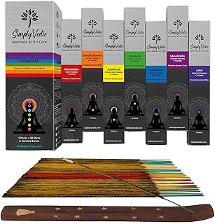 Simply Vedic 7 Chakra Incense Sticks Variety Pack with Holder, Set of 7 (140 Sticks) for Chakra Activation, Healing, Meditation, Yoga, Rituals, Aromatherapy, Energy Cleansing, Natural Handmade Incense