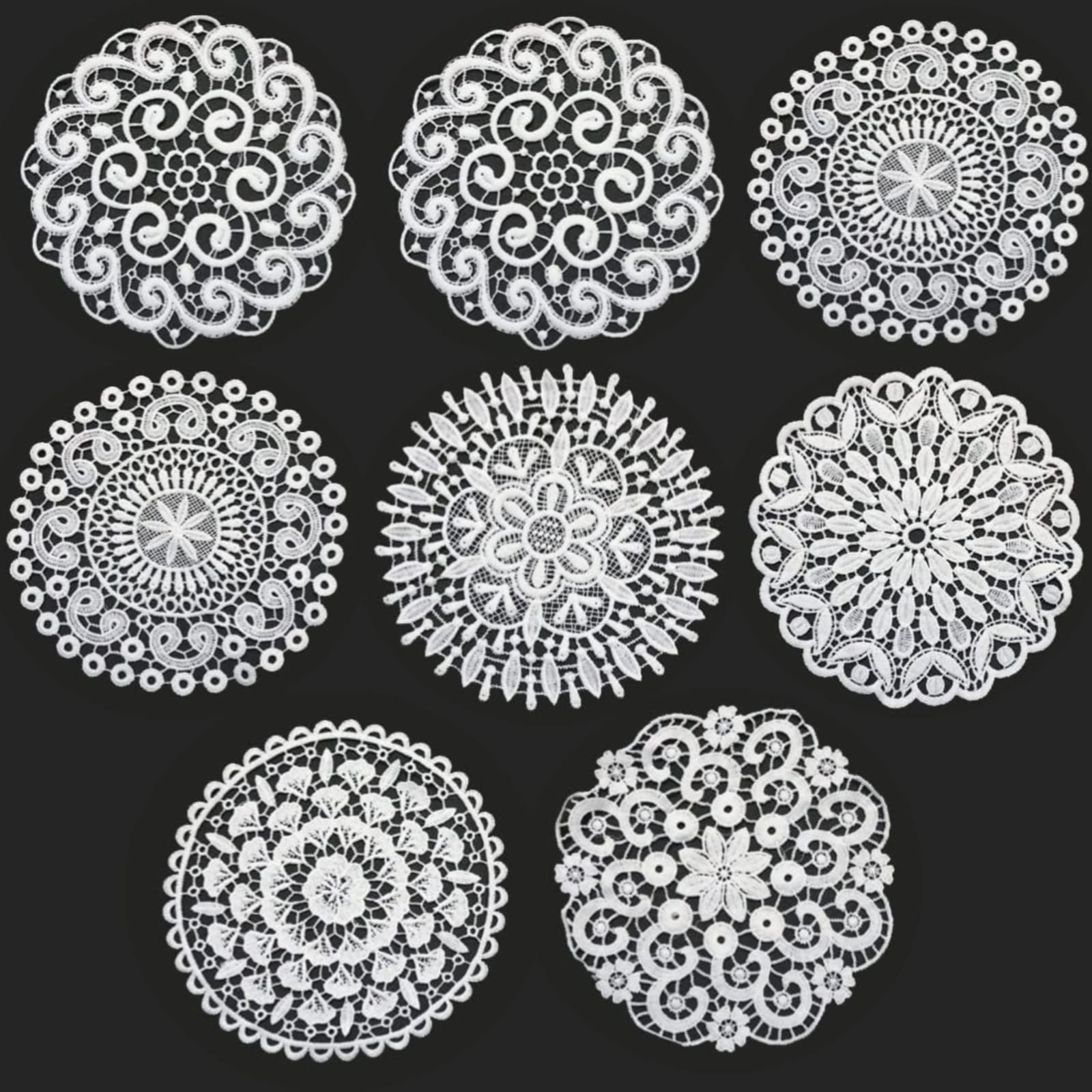 DAQUSU 8Pcs Lace Coasters Cotton Crochet Coasters Non-Slip Handmade Placemats Round Cutout Coasters Woven Drink Coasters for Home Party Decorations Dream Catcher Decoration (White)