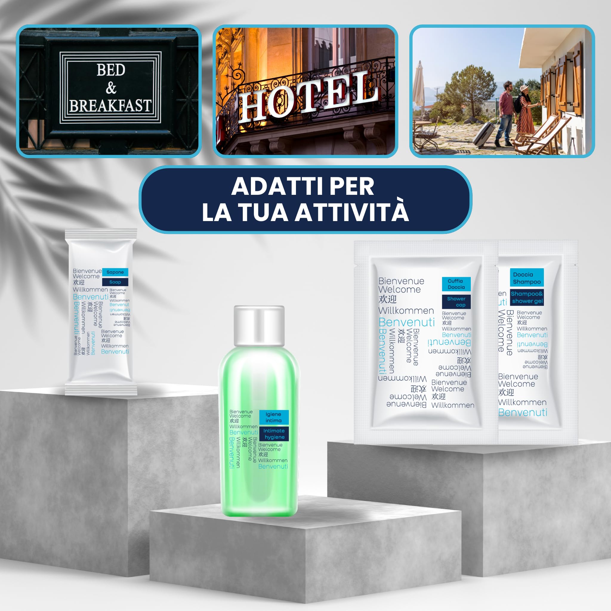 Kit Cortesia B&B Hotel Albergo Bagno Monouso 225 pezzi 100 Doccia Shampoo Bustina 10ml, 50 Flaconi Igiene Intima 20ml, 25 Cuffie Monouso, 50 Saponette Rettangolari +50 Omaggio Fasce Garanzia WC