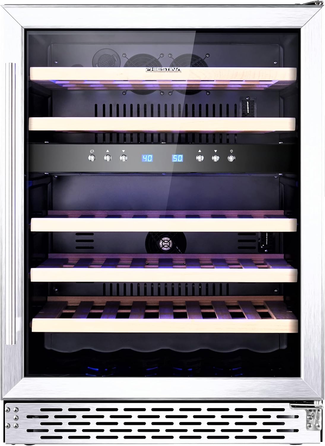 Phiestina Wine Refrigerator, 24 inch-46 Bottles Wine Cooler, Built-in Wine Fridge Under Counter or Freestanding Dual Zones, Auto Defrost with 6 Removable Shelves Glass Door for Home Office Bar