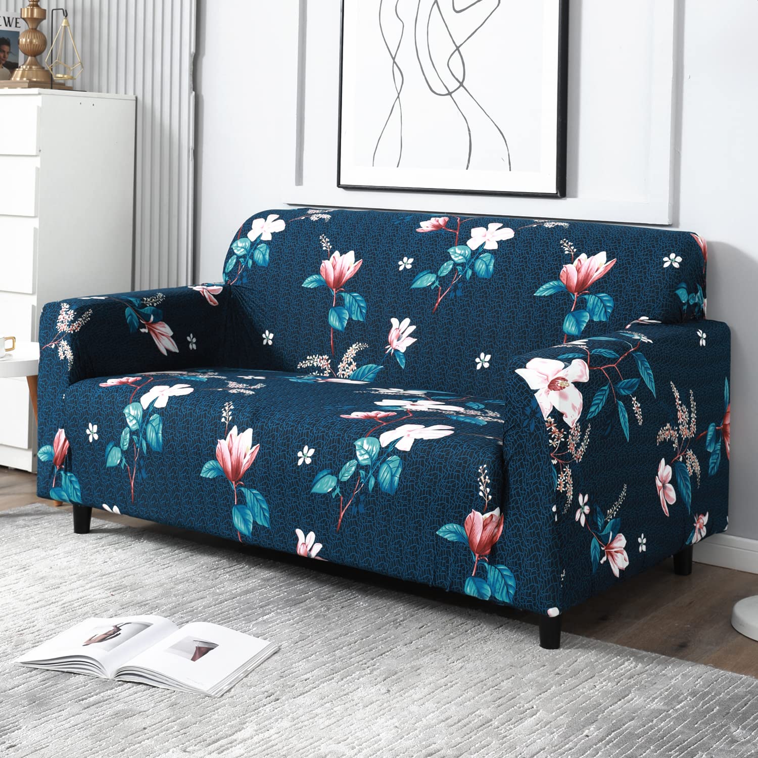 HOKIPO Sofa Cover 2 Seater Fully Covered, Blue Mixed Flowers