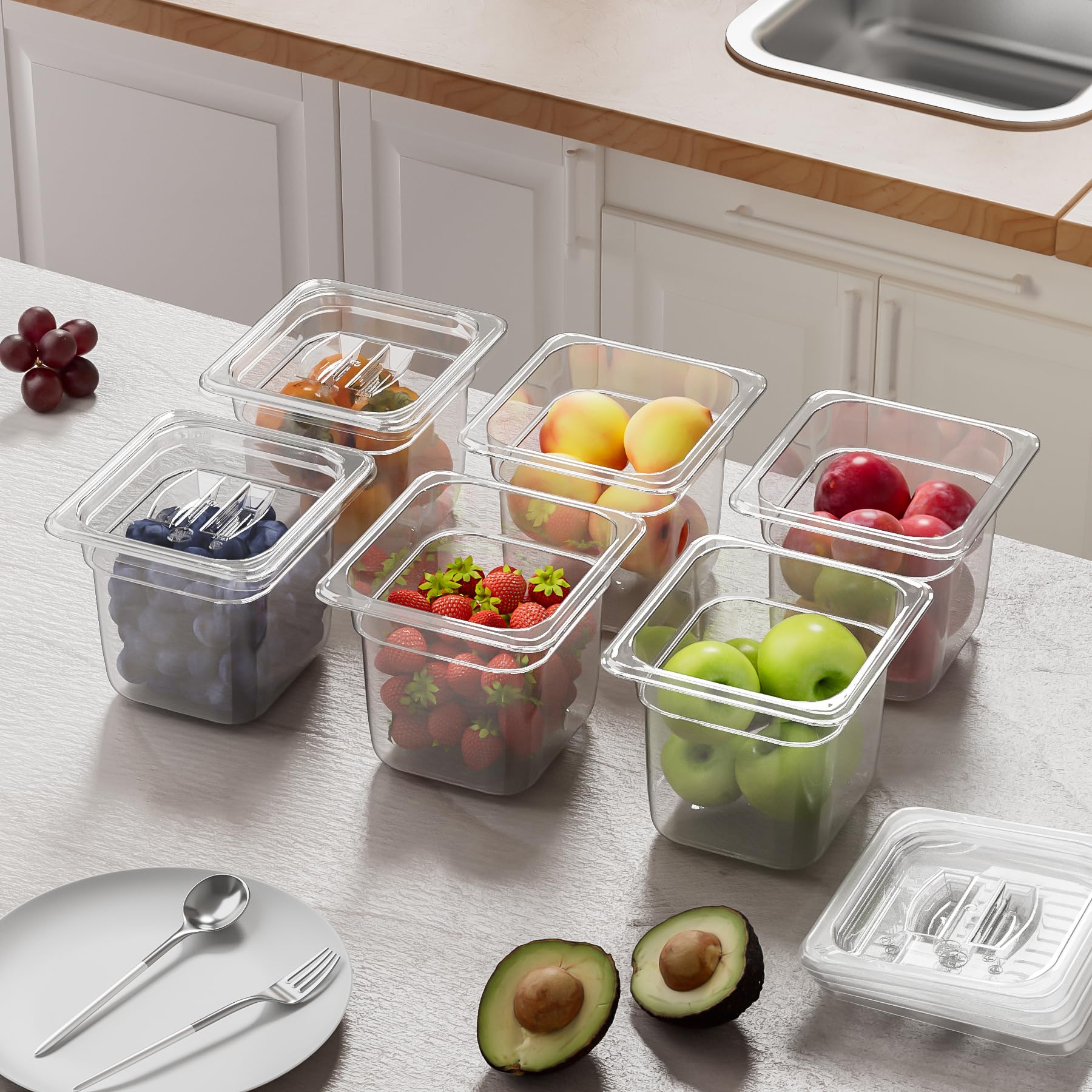 Paquete de sartenes NSF para alimentos, 1/6 tamaño 4 pulgadas de profundidad, contenedores comerciales de almacenamiento de alimentos, policarbonato, transparente (haz clic para seleccionar