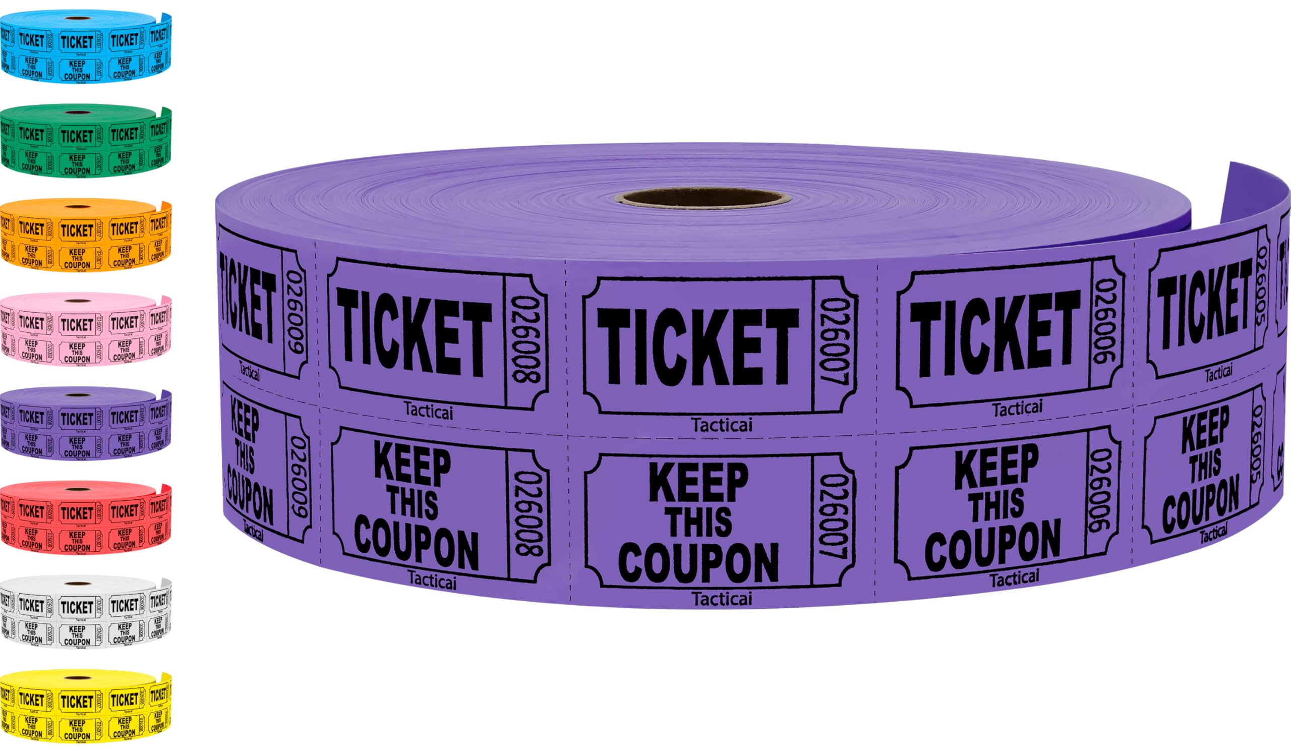 2000 Tacticai Boletos para rifa, morado (selección de 8 colores), doble rollo, boletos para eventos, entrada, recompensa de clase, recaudación de fondos y premios