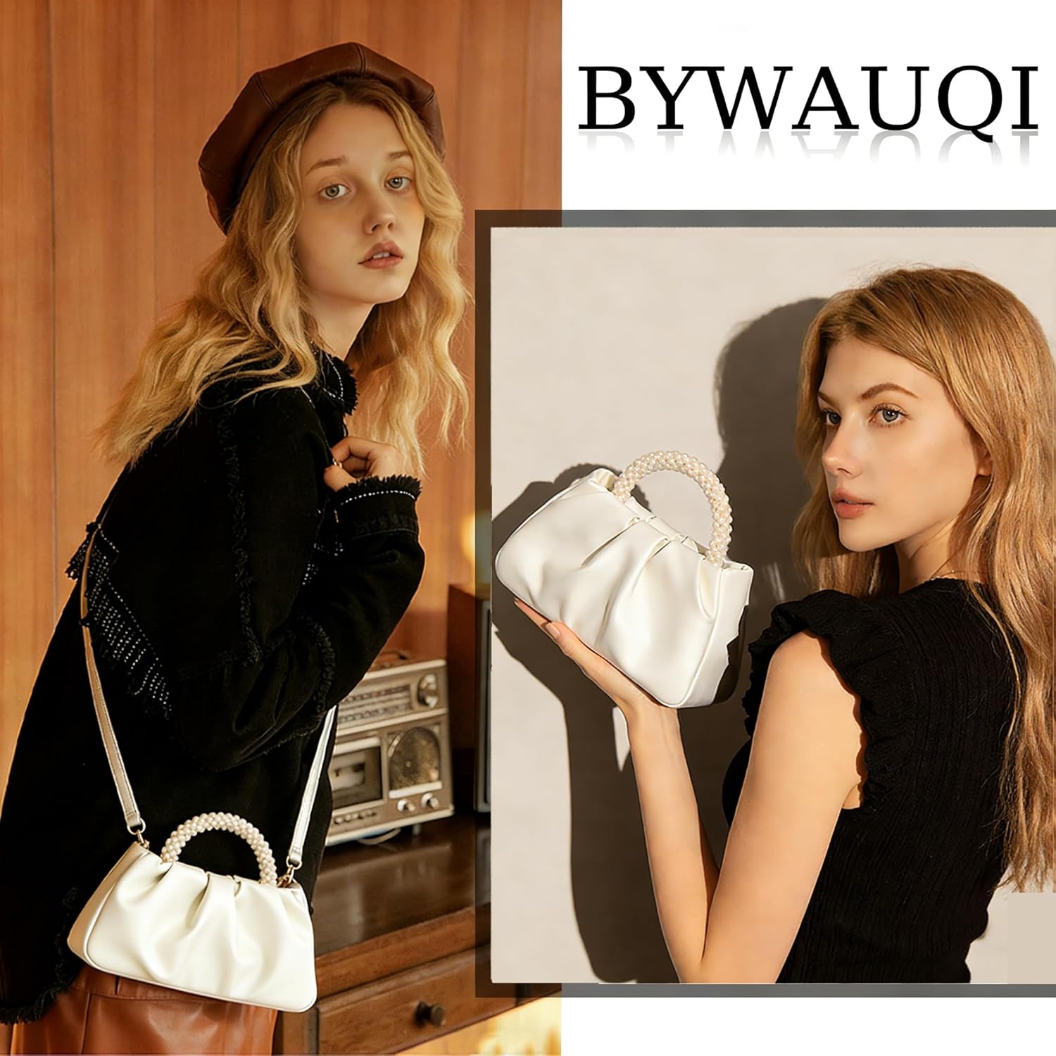 Women's Evening Pearl Clutch Purse Soft Leather Ruched Bag for Wedding Bridal Party Prom Formal Events