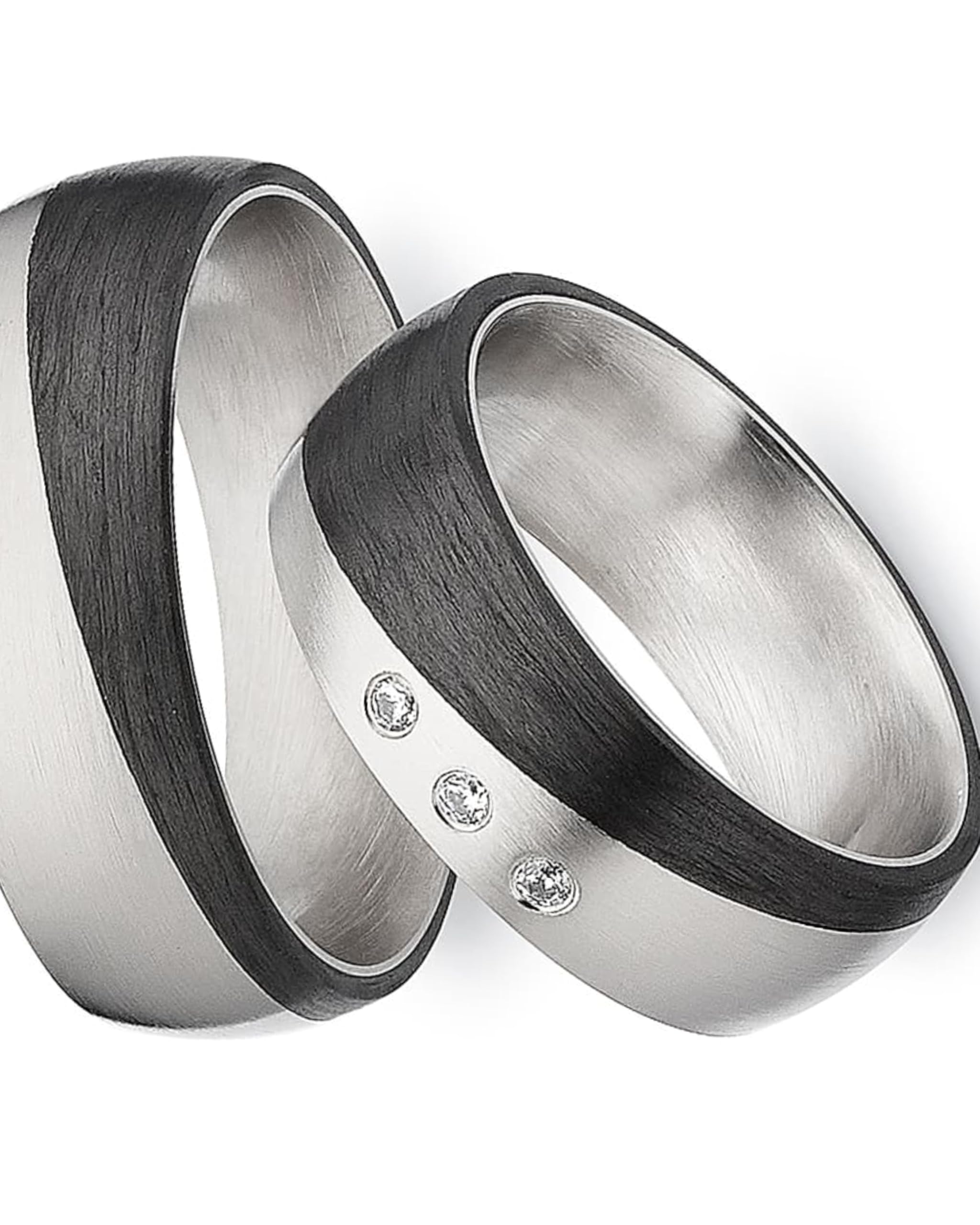 123traumringe Anillos de boda en carbono y titanio, anillos de pareja con 3 circonitas y estuche, anillos de boda grabables con tamaño 50-70 mm,compromiso de en 7 mm de ancho, P28