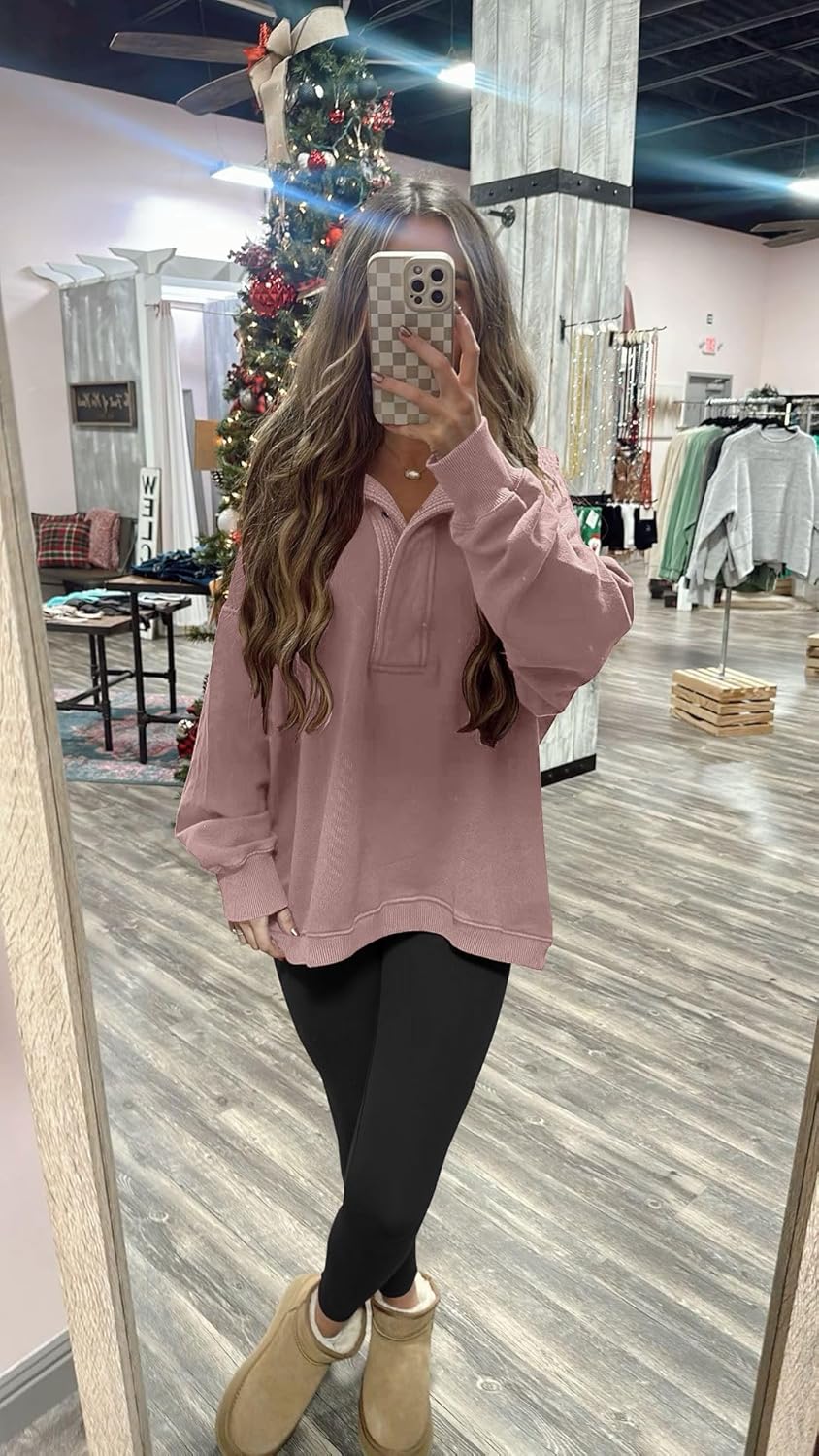 Soesdemo Oversized Sweatshirts for Women No Hood Mock Neck Fleece Lined Waffle Long Sleeve Button Pullover Tunic Sweatshirt - Image 4