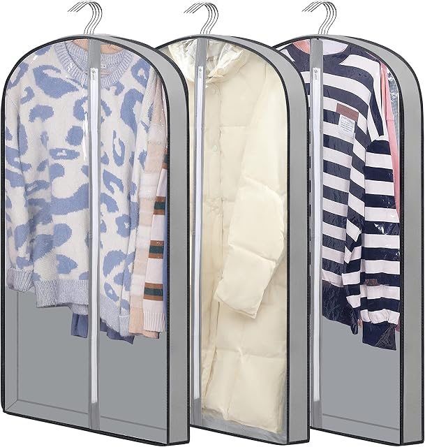 Garment bags Suit cover bags for hanging clothes 100cm, Moth Proof Dress Bag Covers Damp-proof Suit Storage Bag Clothes, Plastic Protector for Jacket, Coat, Sweater, Shirts 3 Packs (Grey)
