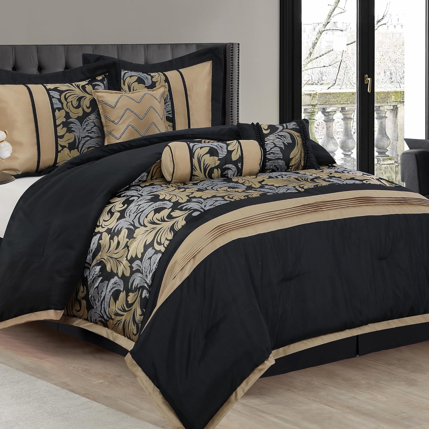 Black Gold Queen Comforter Set, 7 Piece, Gorgeous Floral Jacquard with Piecework, Soft for All Seasons Bed Collection with Bedskirt, Pillow Shams and Decorative Pillows