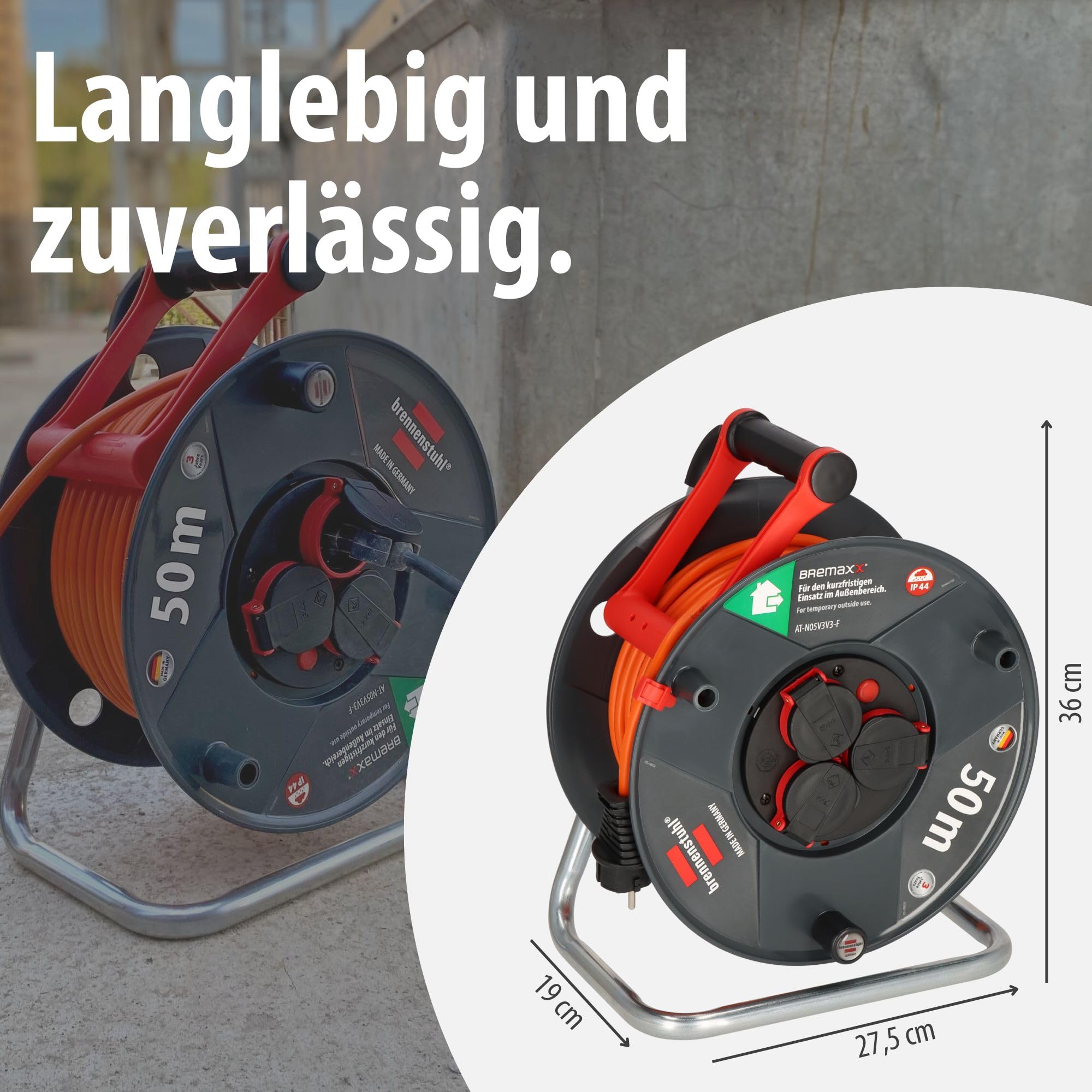 Brennenstuhl Garant V2 IP44 Kabeltrommel 50m Outdoor (Made in Germany, 3 Schutzkontakt-Steckdosen, Überhitzungsschutz, kurzfristiger Einsatz im Außenbereich)