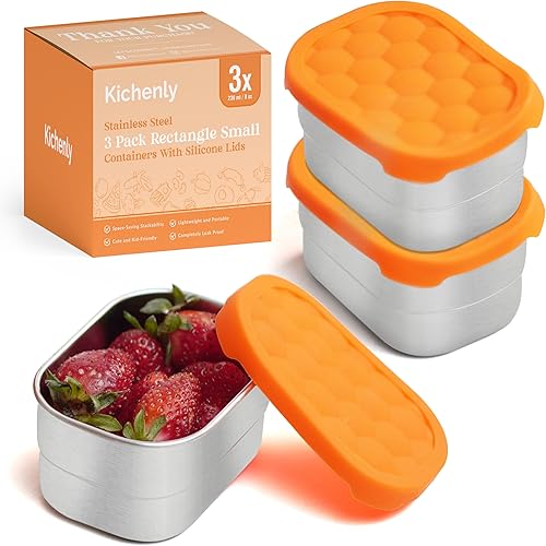 Kichenly Recipientes de acero inoxidable con tapas de silicona, juego de tres recipientes de 8 onzas, contenedor de comida para bebés, contenedor de