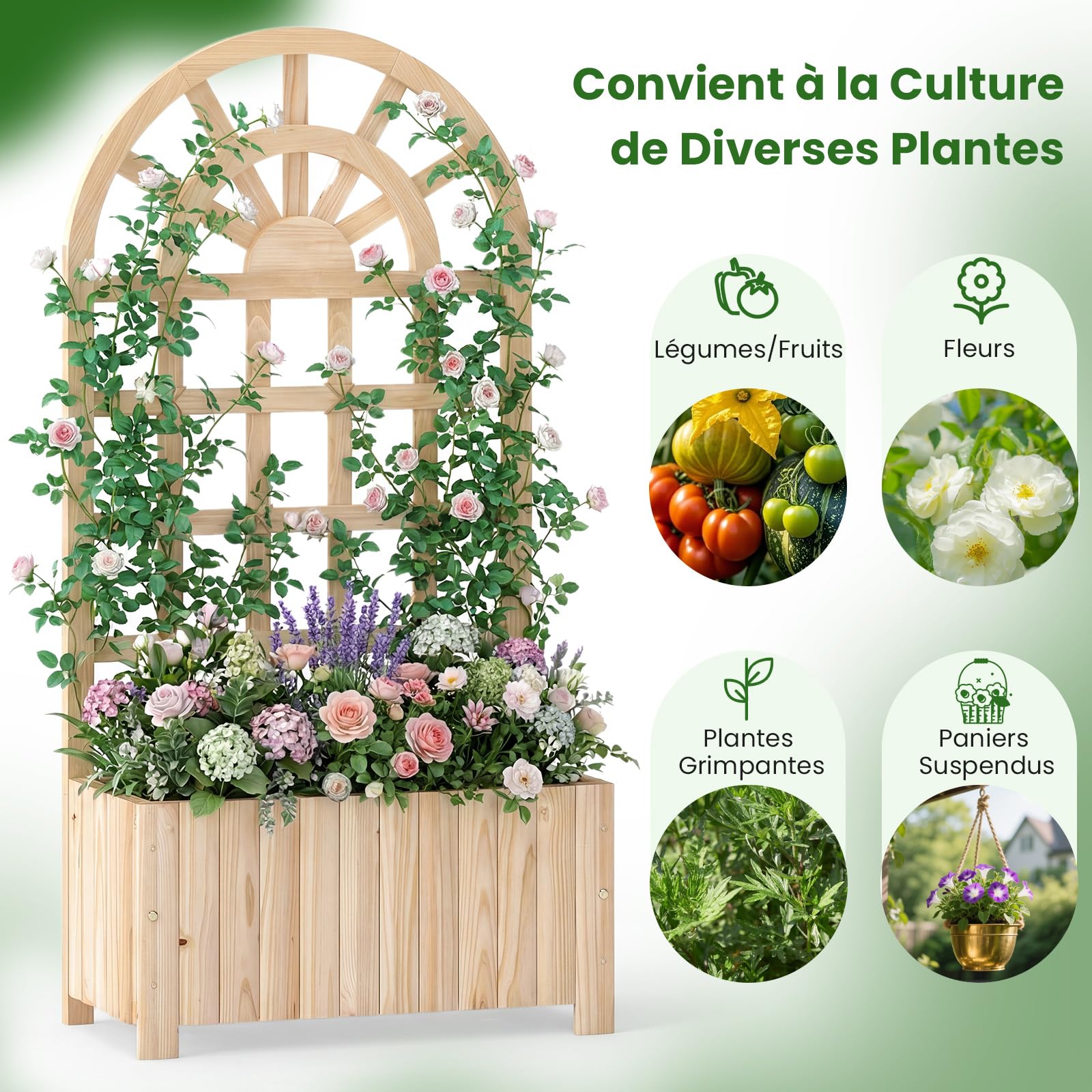 COSTWAY Jardinière en Bois avec Treillis, Lit de Jardin Surélevé avec Écran d'Intimité et Trous de Drainage, Bac à Fleurs d'Extérieur pour Plante Grimpante Fleurs Légumes, 61 x 30 x 121 cm (Naturel)