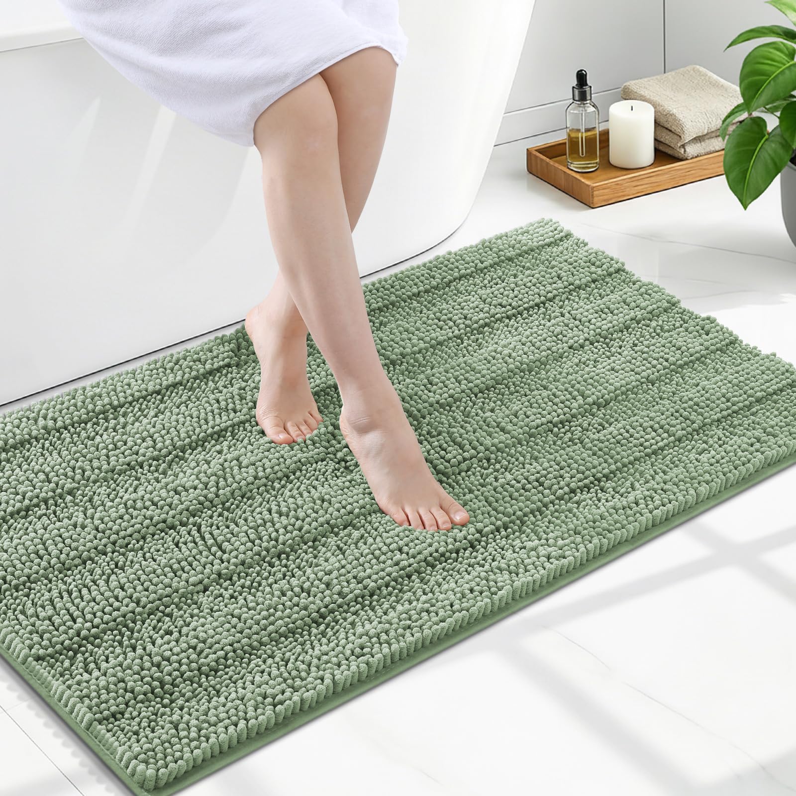 Grandaily Chenille Bathroom Rugs 47x24, Soft Bath Mats, Grayish Green