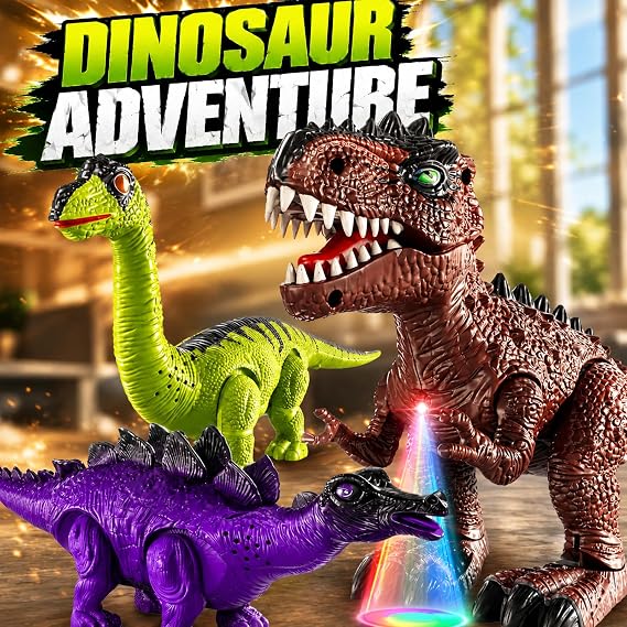 Walking Dinosaur Toys for Kids 3-5 4-7 8-12 Years 3-Pack, Dinosaurs Figures with Lights & Roaring Sound, T-Rex, Stegosaurus, Brachiosaurus Toy, Dino Set Birthday Gift for Boys Girls