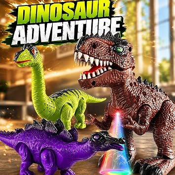 Walking Dinosaur Toys for Kids 3-5 4-7 8-12 Years 3-Pack, Dinosaurs Figures with Lights & Roaring Sound, T-Rex, Stegosaurus, Brachiosaurus Toy, Dino Set Birthday Gift for Boys Girls