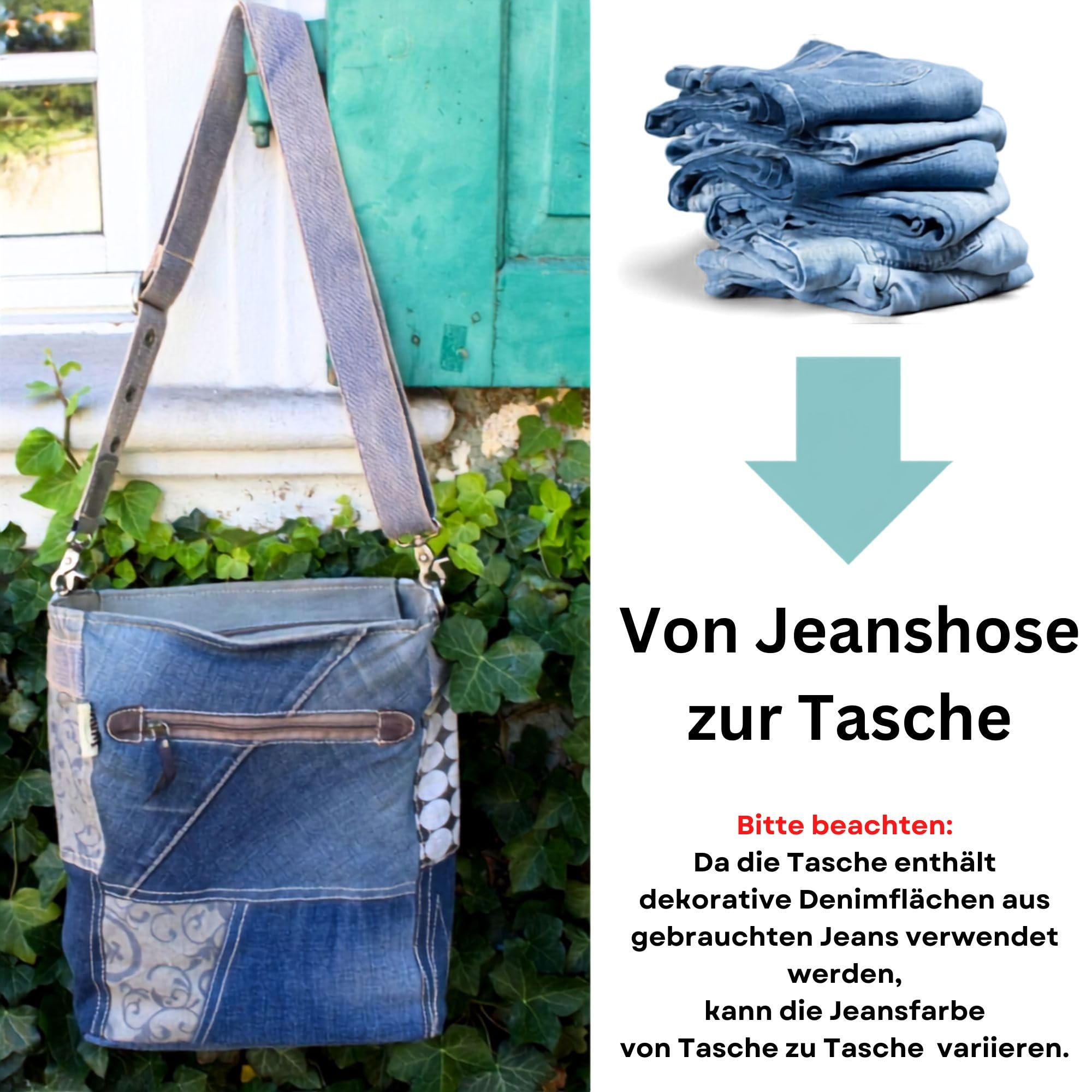 Sunsa Damen Umhängetasche. Große Nachhaltige Jeanstasche. Patchwork Tasche