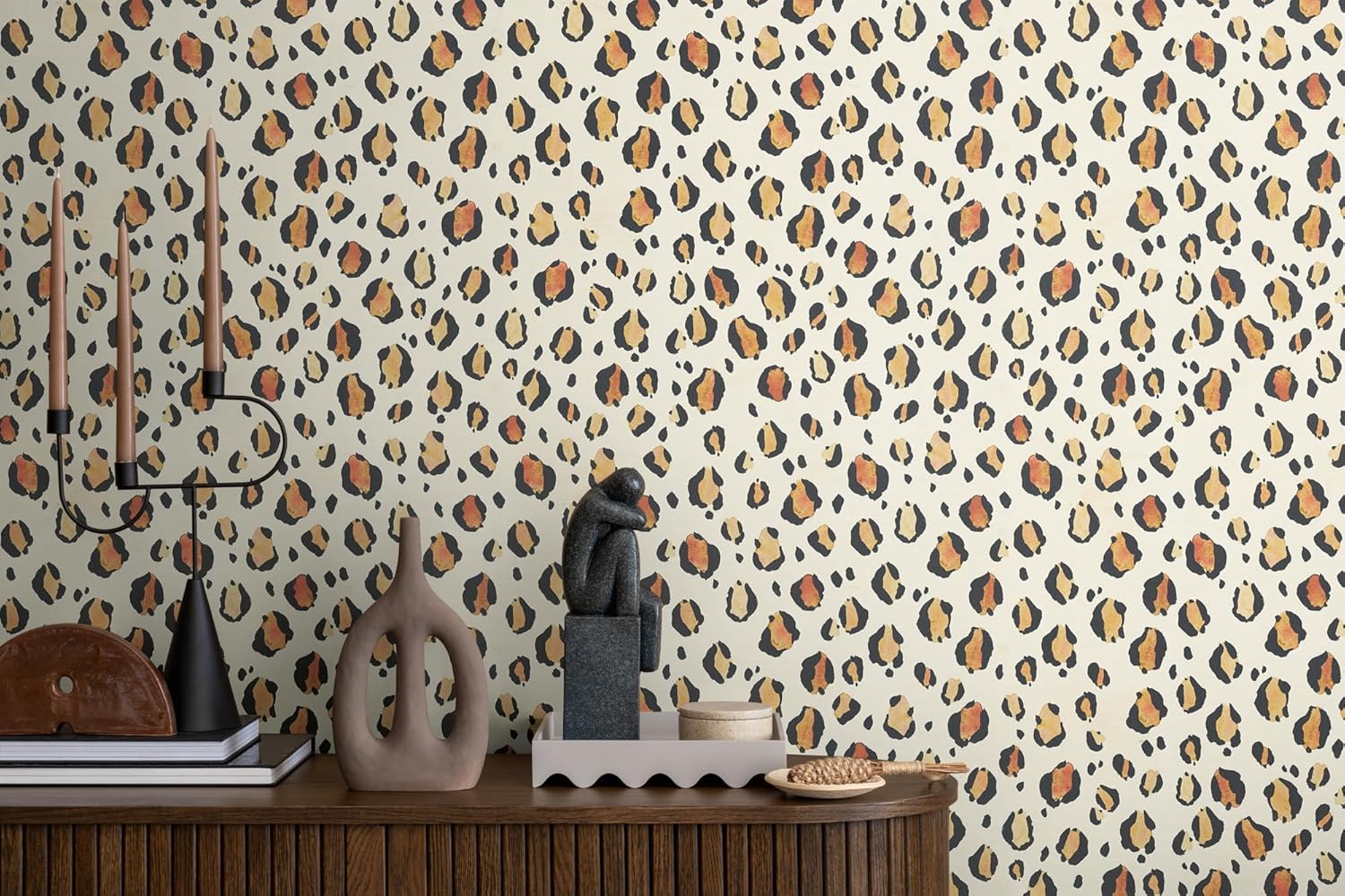 Livingwalls Anna D'Andrea 782161 Non-Woven Wallpaper Animal Wallpaper 10.05 m x 0.53 m White Black Beige Orange Leopard Print Wallpaper