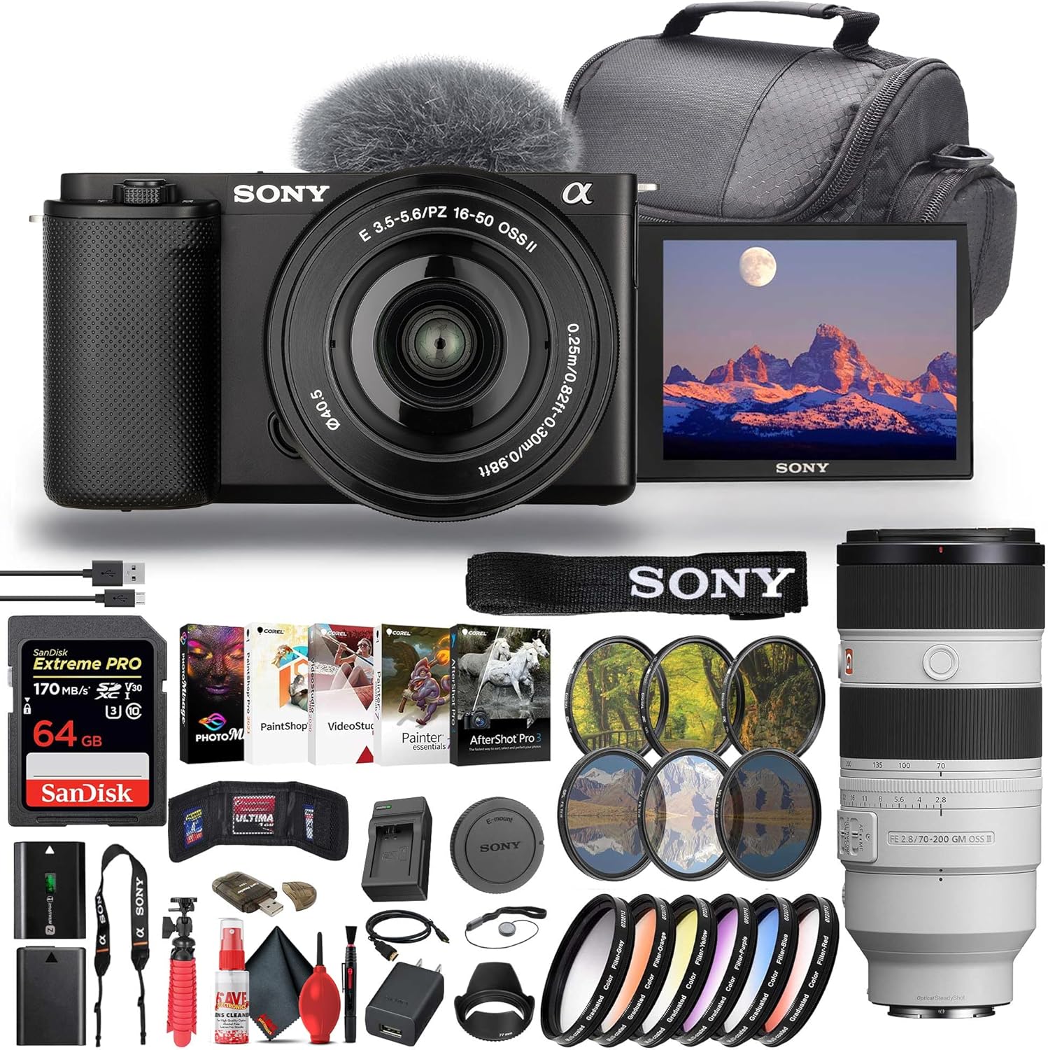 Sony ZV-E10 Mirrorless Camera Kit (Black) with 16-50mm II Power Zoom Lens | 4K Video | Real-Time Autofocus | Creator Camera + Sony 18-105mm Lens + 64GB Card + Color Filter Kit + More