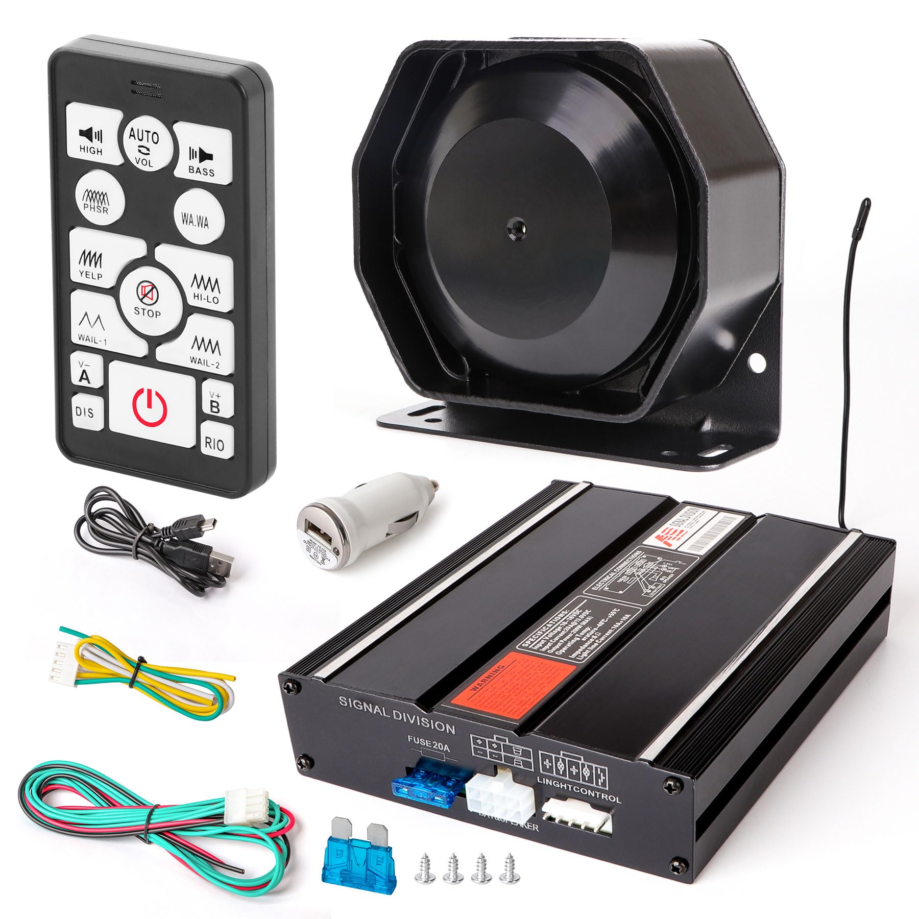 PA System for Car Emergency Vehicle Siren with Wireless Remote 20 Tones 200W 118-130DB 12V with Handheld Microphone Speaker 2 Additional for Police Firefighting Ambulance Vehicles