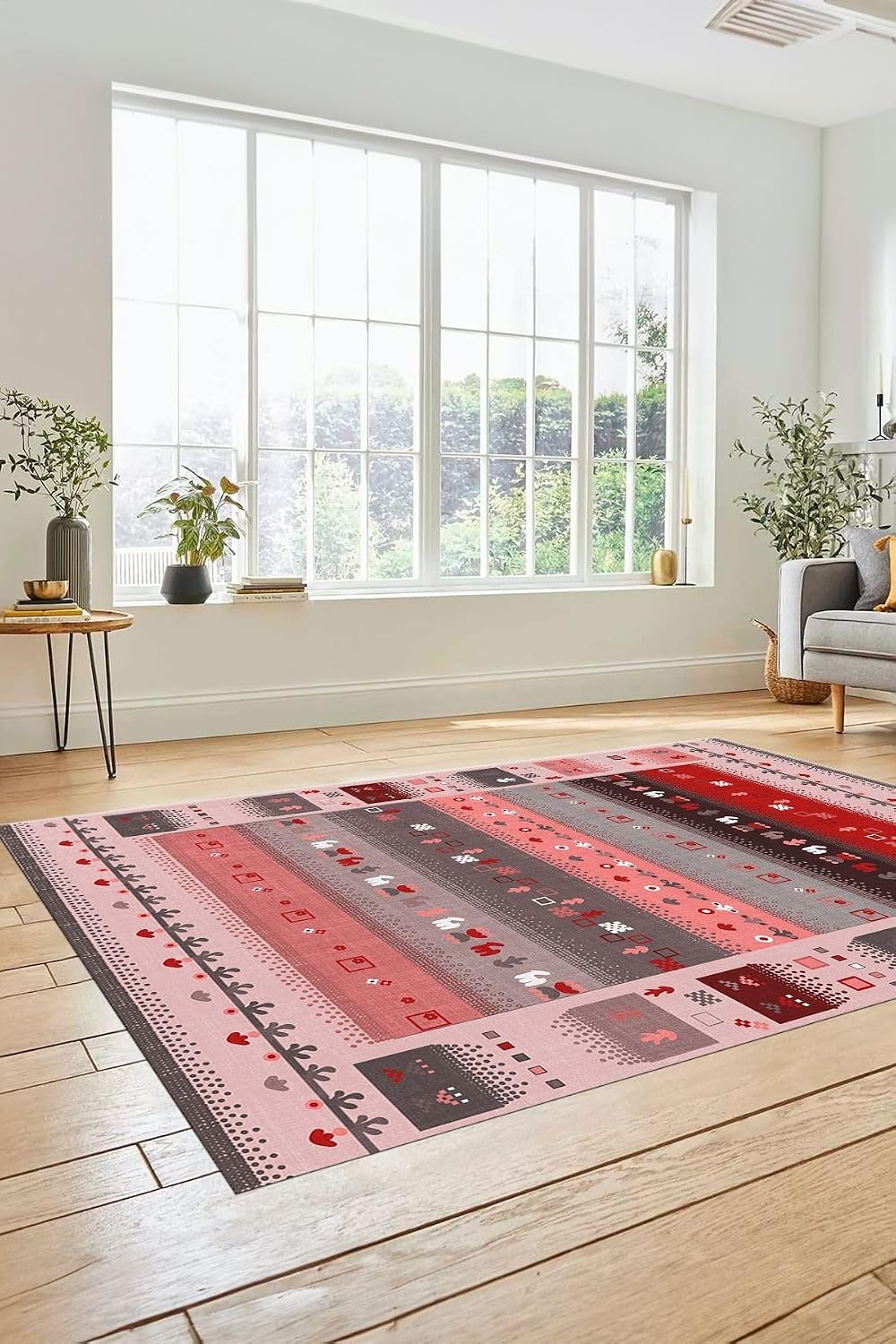 Dijital Kaymaz Taban Yıkanabilir Şık Motifli Etnik Desenli Yolluk Mutfak Salon Halısı ETNİK-15, Pembe, 80 x 300