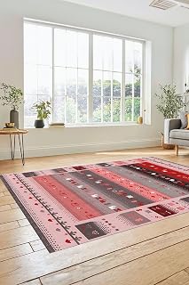 Dijital Kaymaz Taban Yıkanabilir Şık Motifli Etnik Desenli Yolluk Mutfak Salon Halısı ETNİK-15, Pembe, 80 x 300