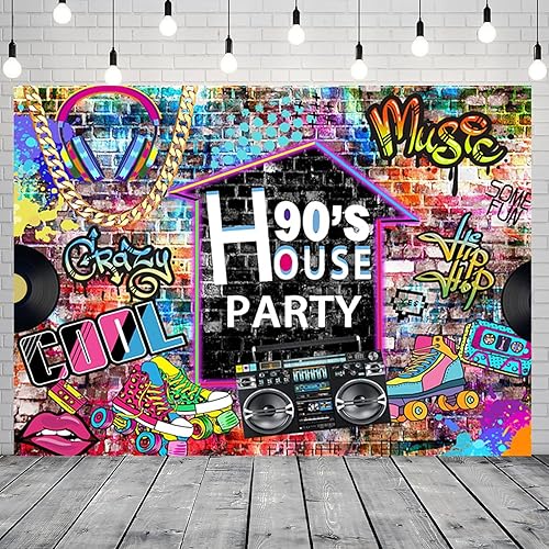 Miniatura 2 de Telón de fondo para fiesta de casa de los años 90, graffiti, pared de ladrillo retro, patines de radio, pancarta de fotografía para cumpleaños de