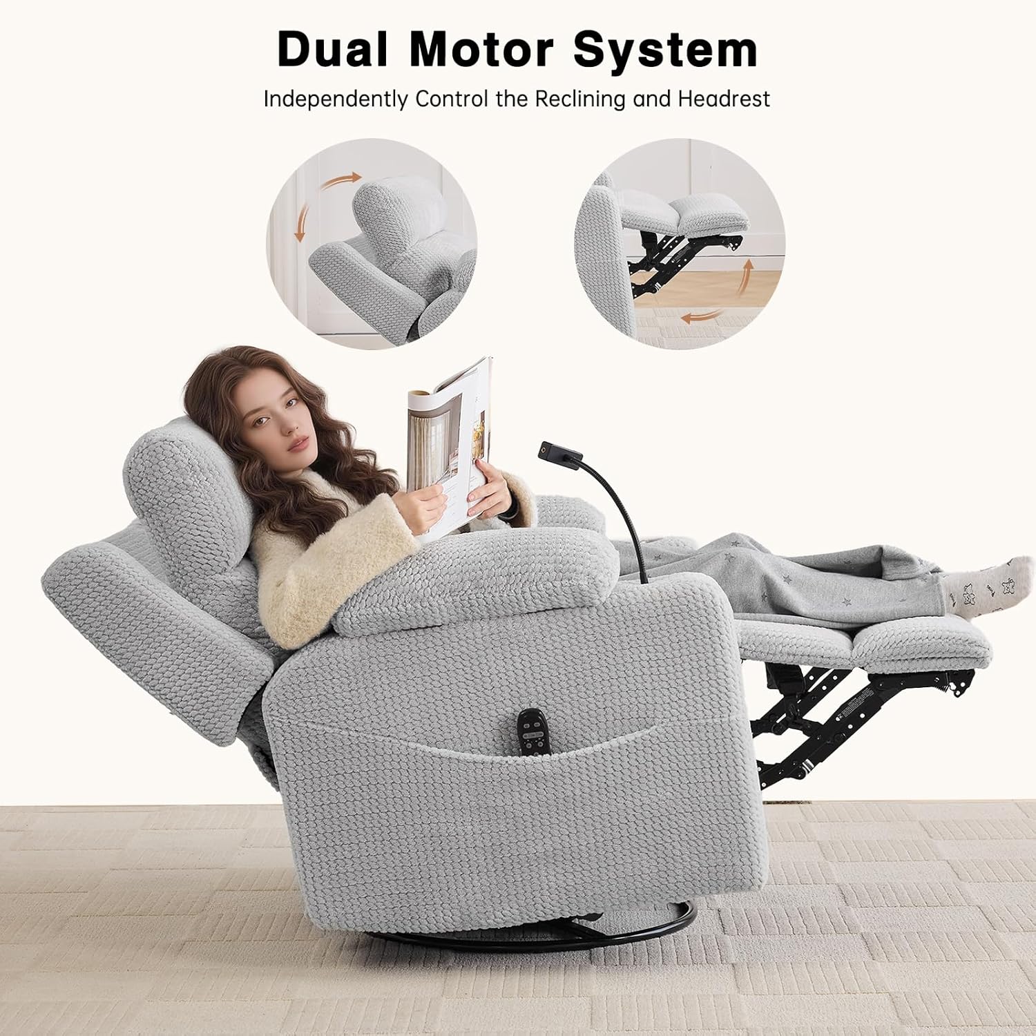 Dual Motor Power Swivel Rocker Recliner with Adjustable Headrest for Adults,Power Glider Rocking Recliner with Massage & Heat,Oversized Glider Recliner Nursery Chair with USB &Type-C Ports,Grey