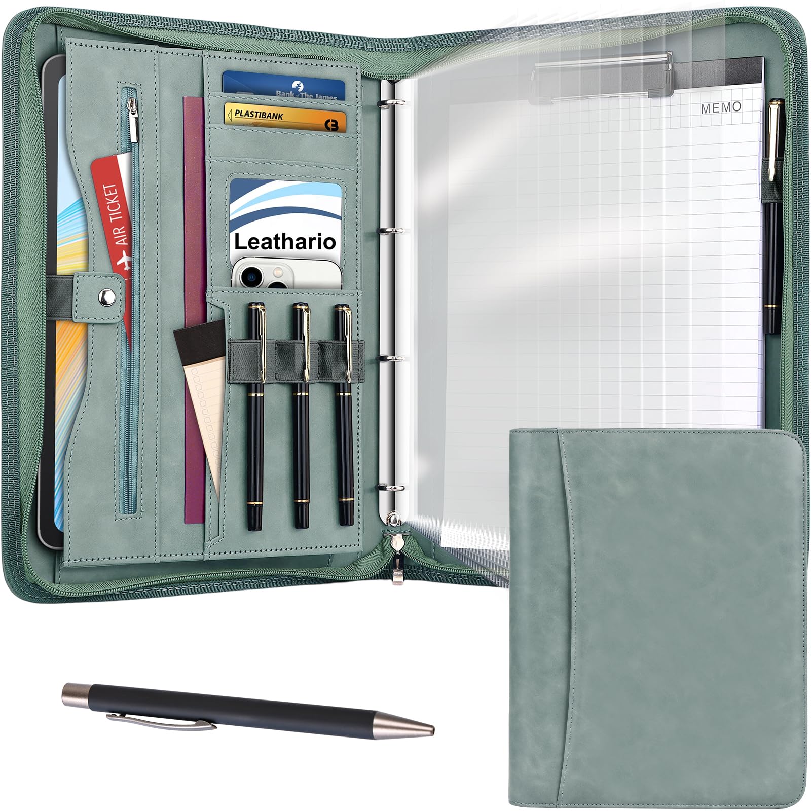 Leathario Portfolio Folder A4, Vegan Leather 4-Ring Conference Folder with Notepad, Includes 10 Clear Sheet Protectors and a Pen, A4 Leather Document Folder, Travel Document Holder, Office Suppilies