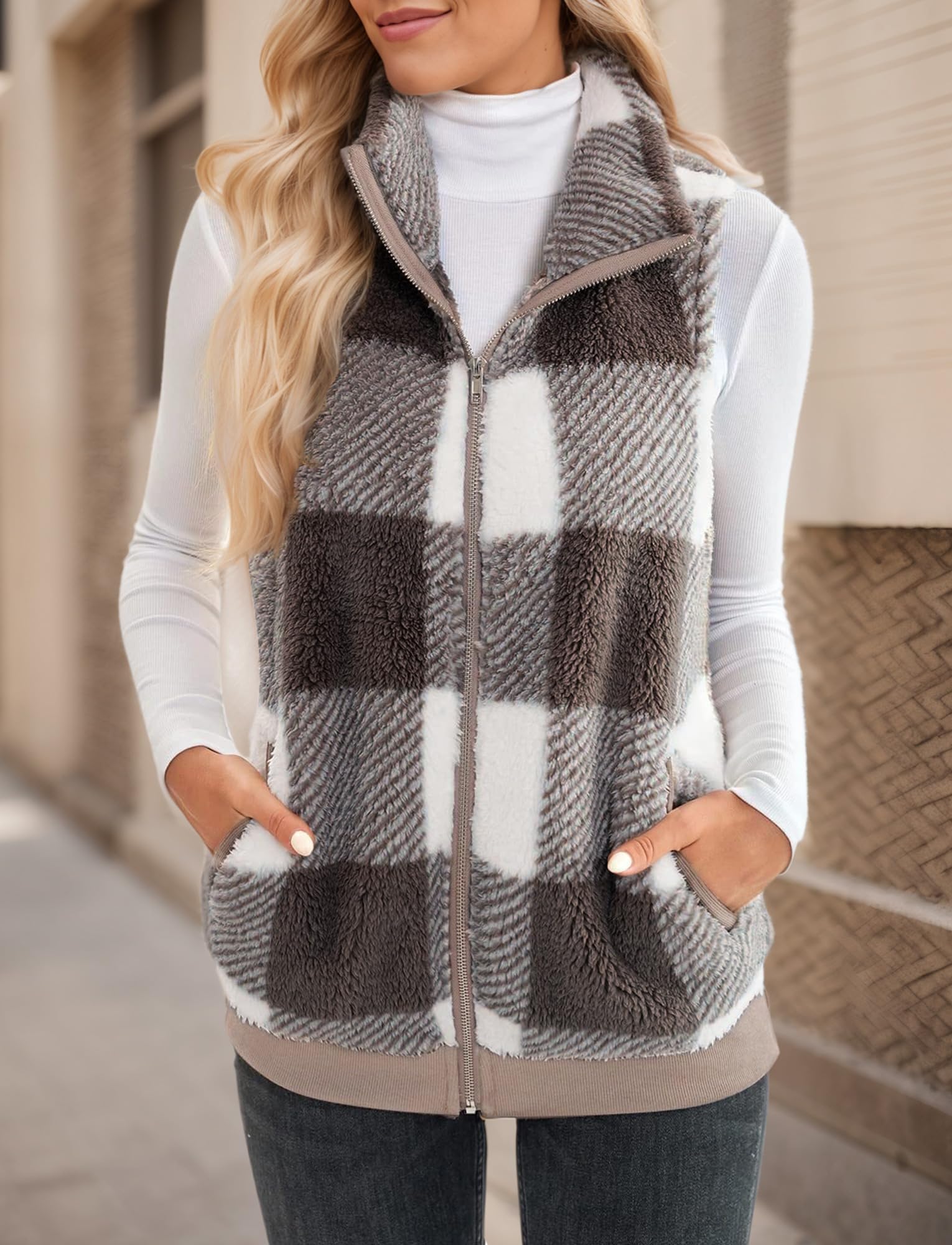 Maeau - Gilet à Carreaux Femme Polaire Sans Manches Manteaux Polaire Zippé Veste en Peluche Chaud Léger Gilet Slim Décontractée Automne Hiver avec Poche - Kaki - XL