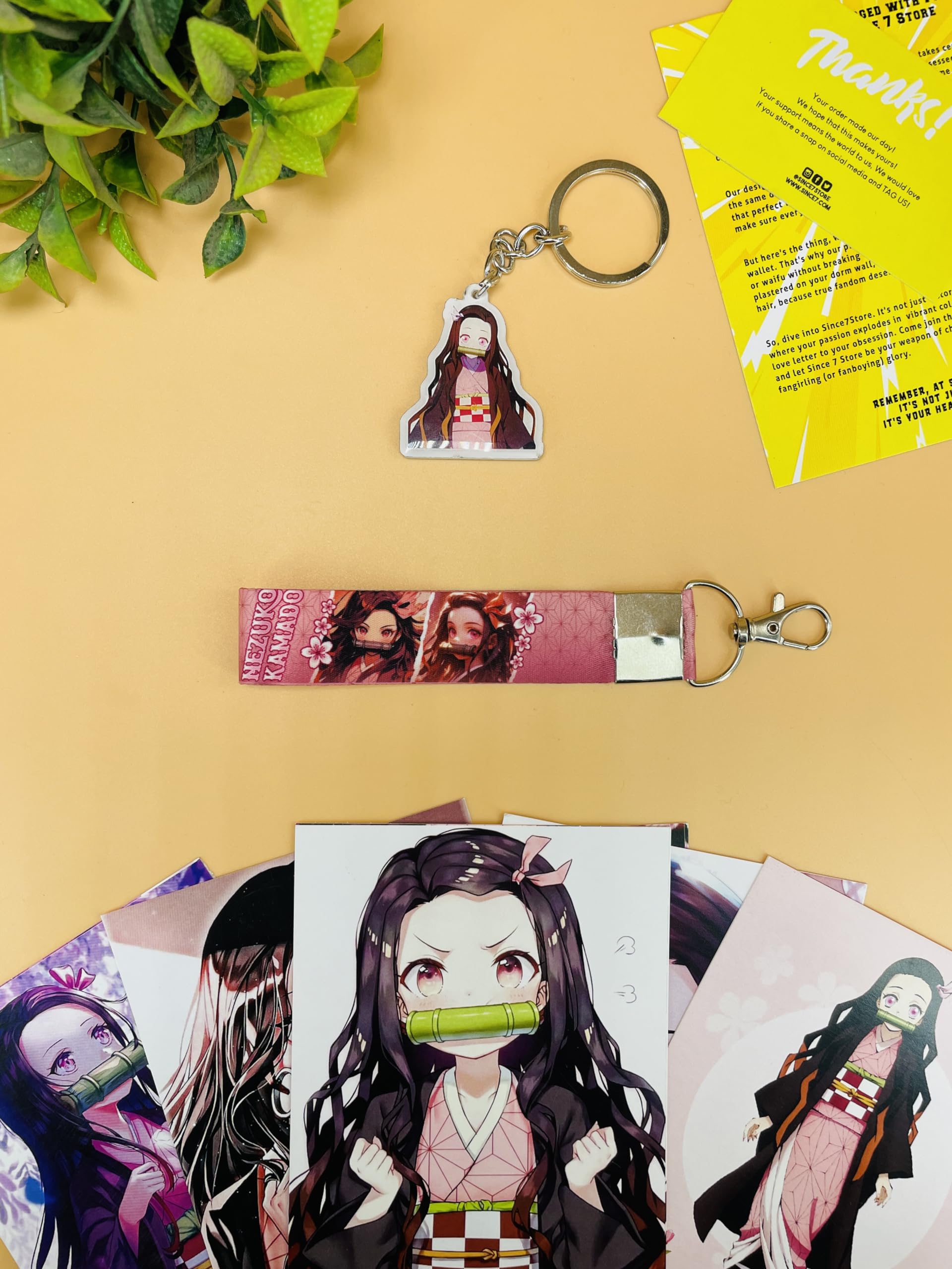 SINCE 7 STORE Nezuko Kamado Demon Slayer 3 Item Gift Combo: 9 Self adhesive mini posters, 1 Double Sided Keychain, 1 Key-Tag - Gift For Anime Fans, Wall art, room decor, birthday