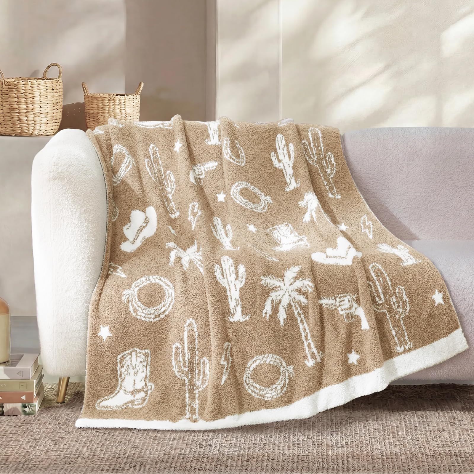 Snuggle Sac Western Throw Blanket for Couch Bed Sofa 50x60 inches, Reversible Beige Cowgirl Blanket Ultra Soft Cozy Blankets for Women Mothers Birthday Gifts โ image 1