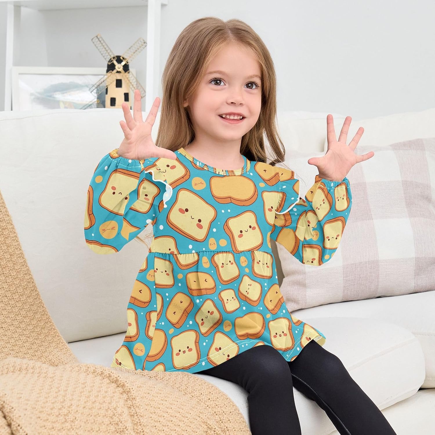 visesunny Toddler Clothes for Girls Bread Toast Food Long Sleeve Fall Shirts Cotton Top with Ruffle Collar