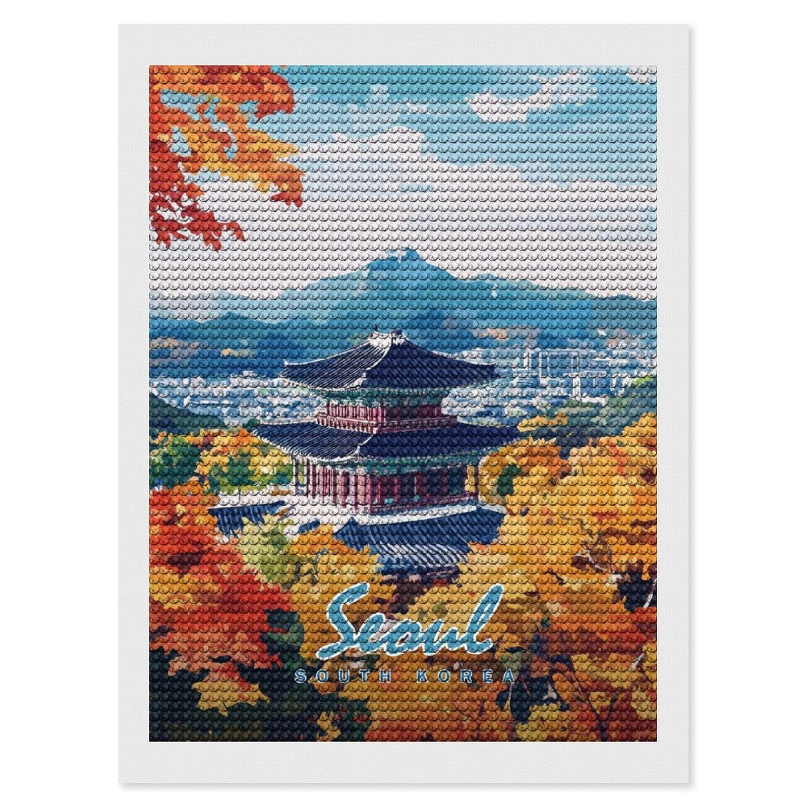Junmoney Seoul Cityscape with Pagoda Diamond Painting Canvas Kit 12"x16", for Teens, Vintage Style Decor, Modern Decor, Home Wall Art, Festive Craft Gift