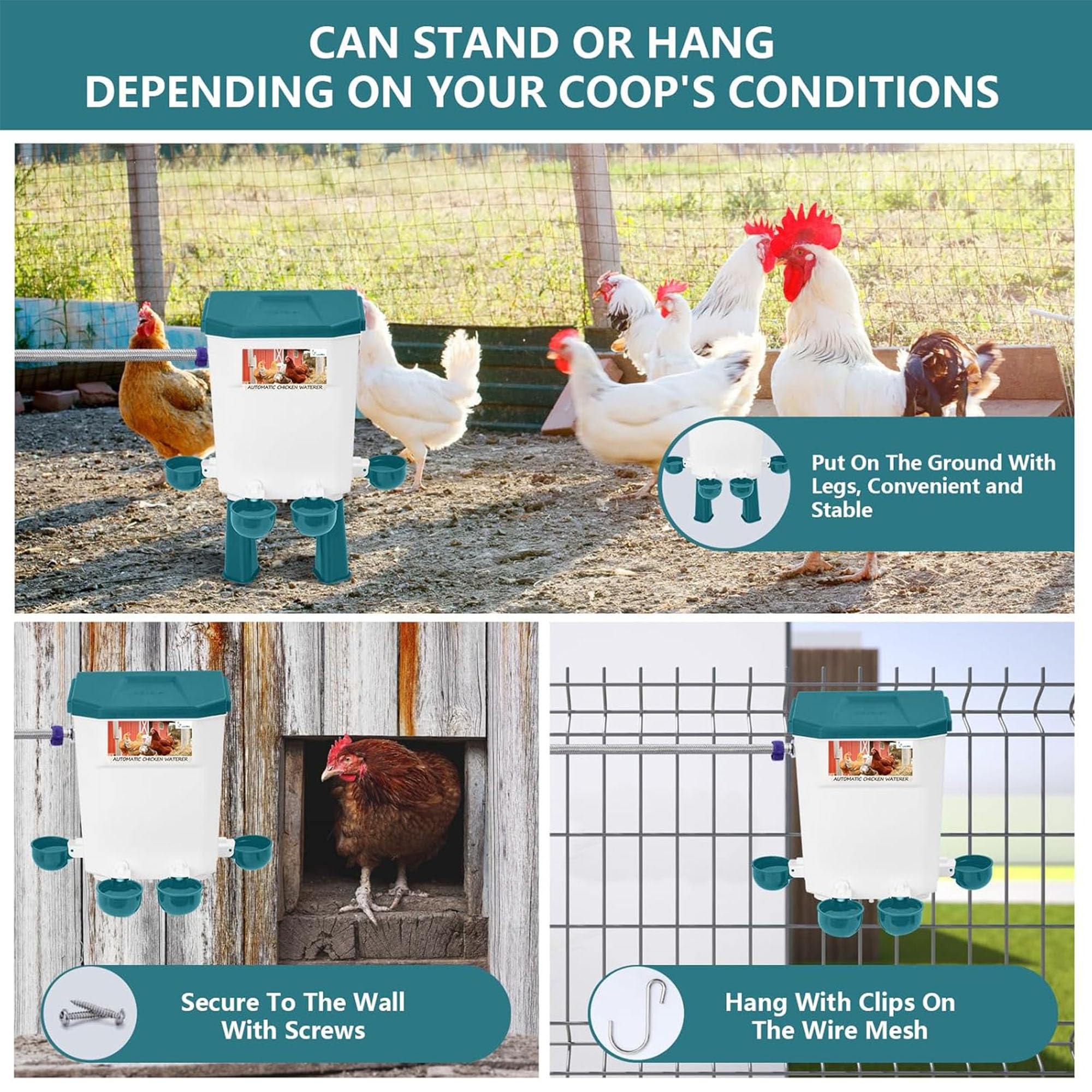 Regadera automática de pollo, bebedero de aves de corral independiente de 7 L con patas ajustables y manguera de acero inoxidable para un fácil acceso