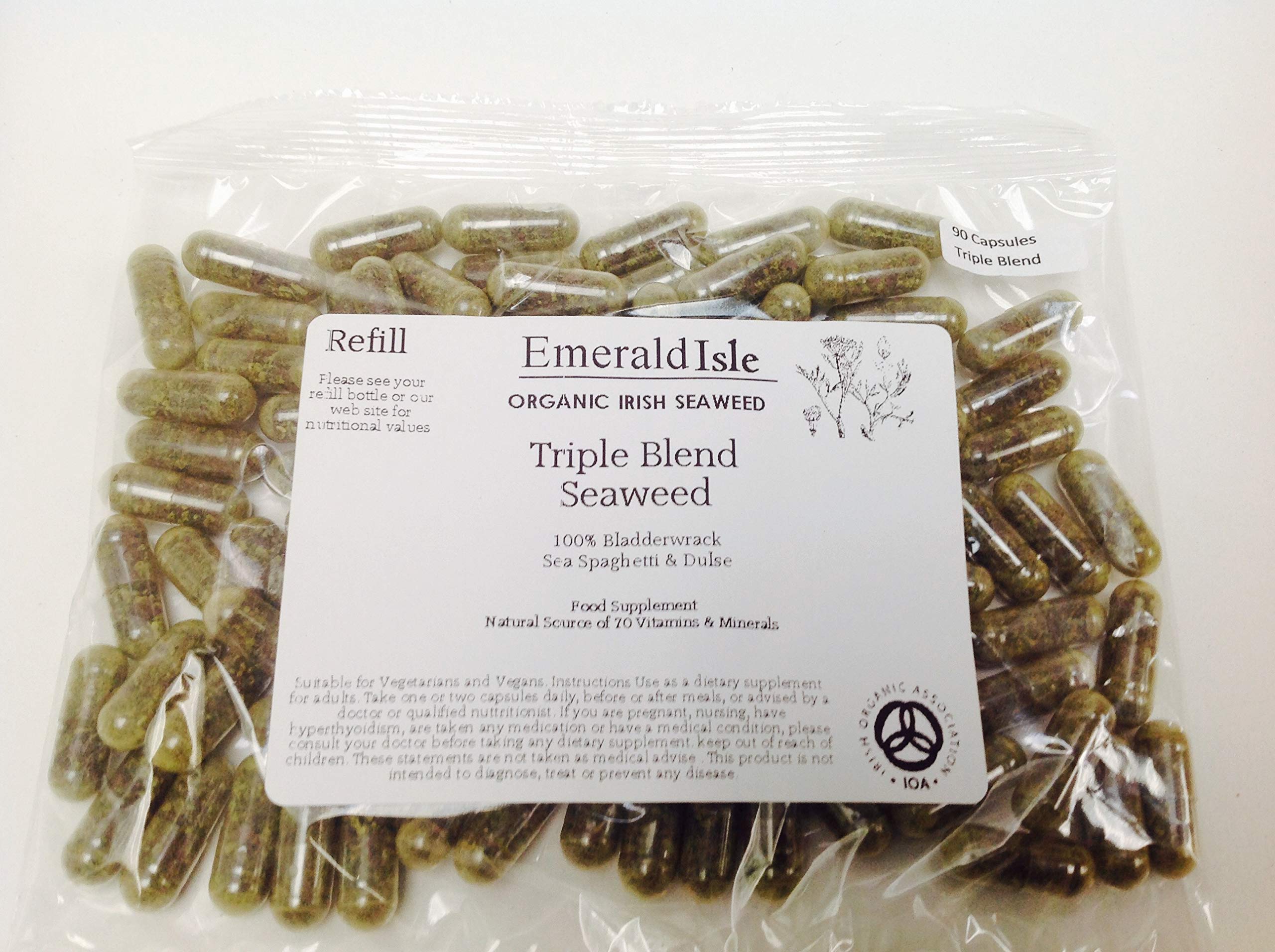 Triple Blend Seaweed Refill Tablets 500 mg Capsules Certified Organic Harvested in North Atlantic Coast of Ireland (90 Capsules in a Sachet)