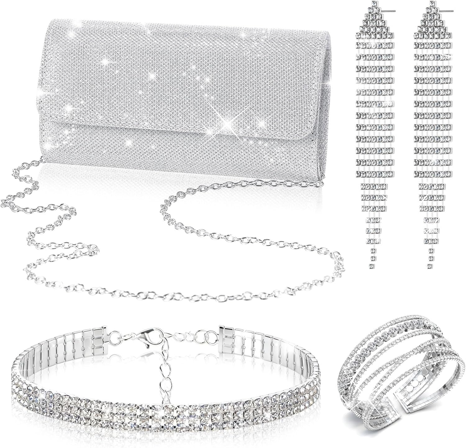 Shinymoon 4 Pcs Silver Rhinestone Jewelry Set for Women Bling Glitter Clutch Purse Triple Row Necklace Dangle Earrings Cuff Bracelet Sparkling Jewelry Accessories for Bride Wedding Evening Party