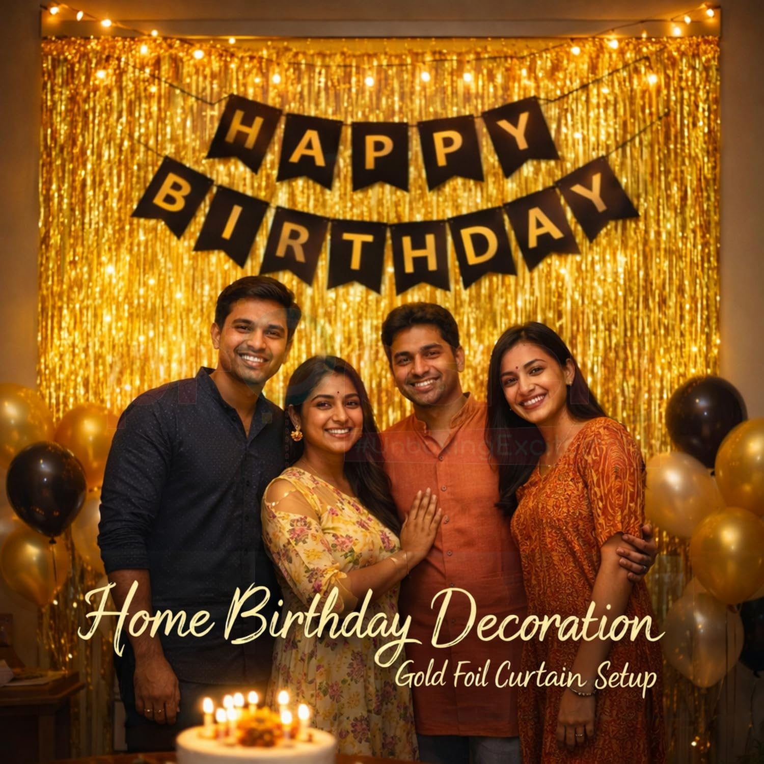 Propsicle Golden Foil Curtains with Black Happy Birthday Banner, Pack of 3 3