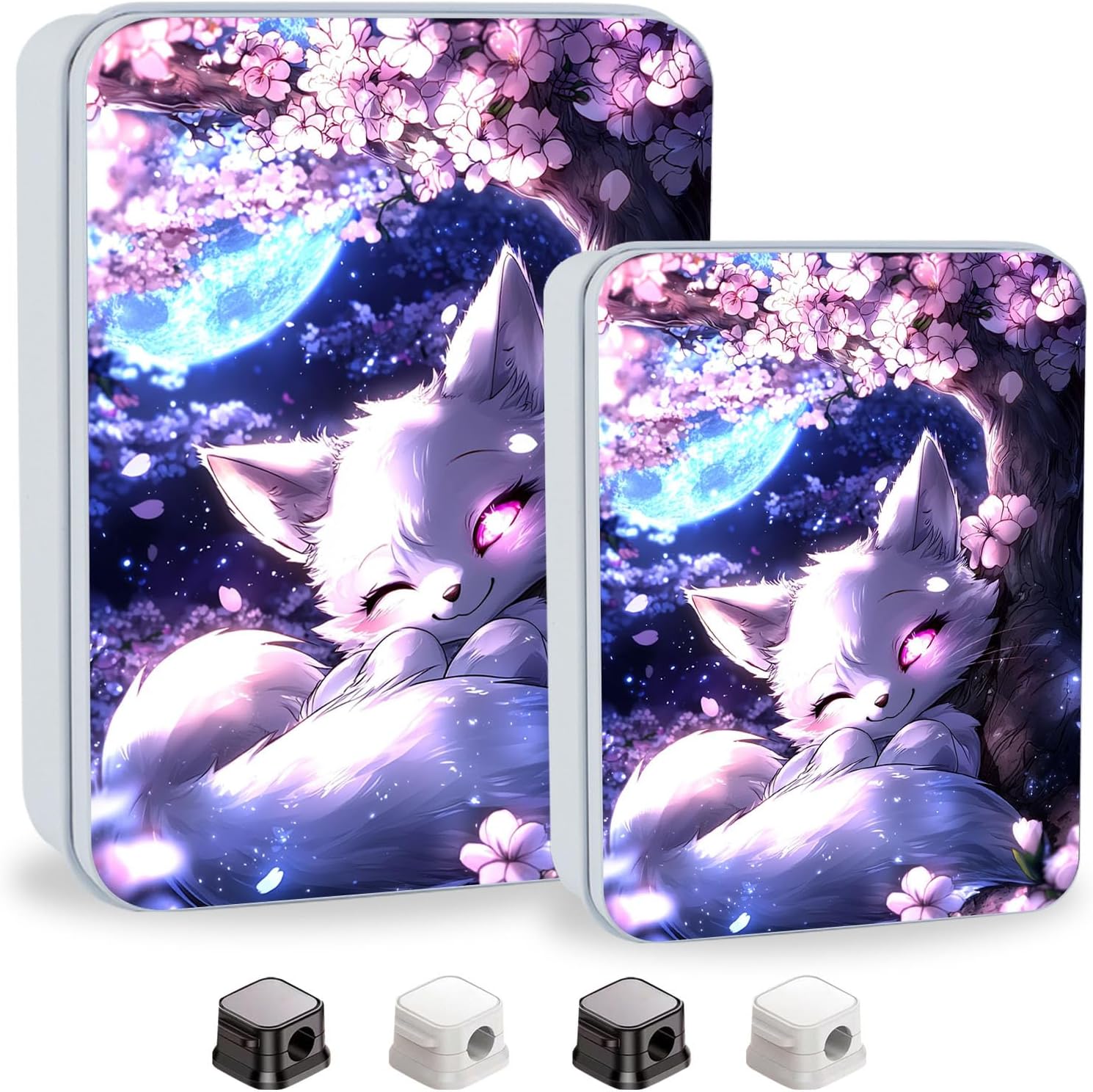 Metal Tin Box with Lid Set(A3+4) for Game Cards Home Organizer Candles Keys Tea Crafts Tarot Manual Parts Storage with 4 Cable Clips,Anime Foxe Cherry Blossom