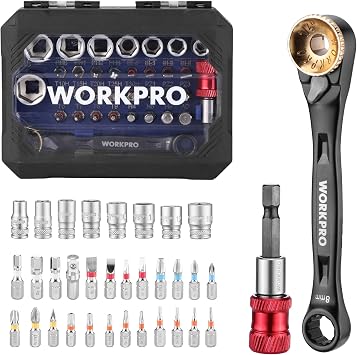WORKPRO Socket Wrench Set, Screwdriver Set, Bit Ratchet Set, Drive Angle 0.25 in. 6.35 mm, 34-Piece Set, Mini Ratchet Wrench, Dual-Use Ratchet Handle, Extension Bit Holder Included, Storage Case