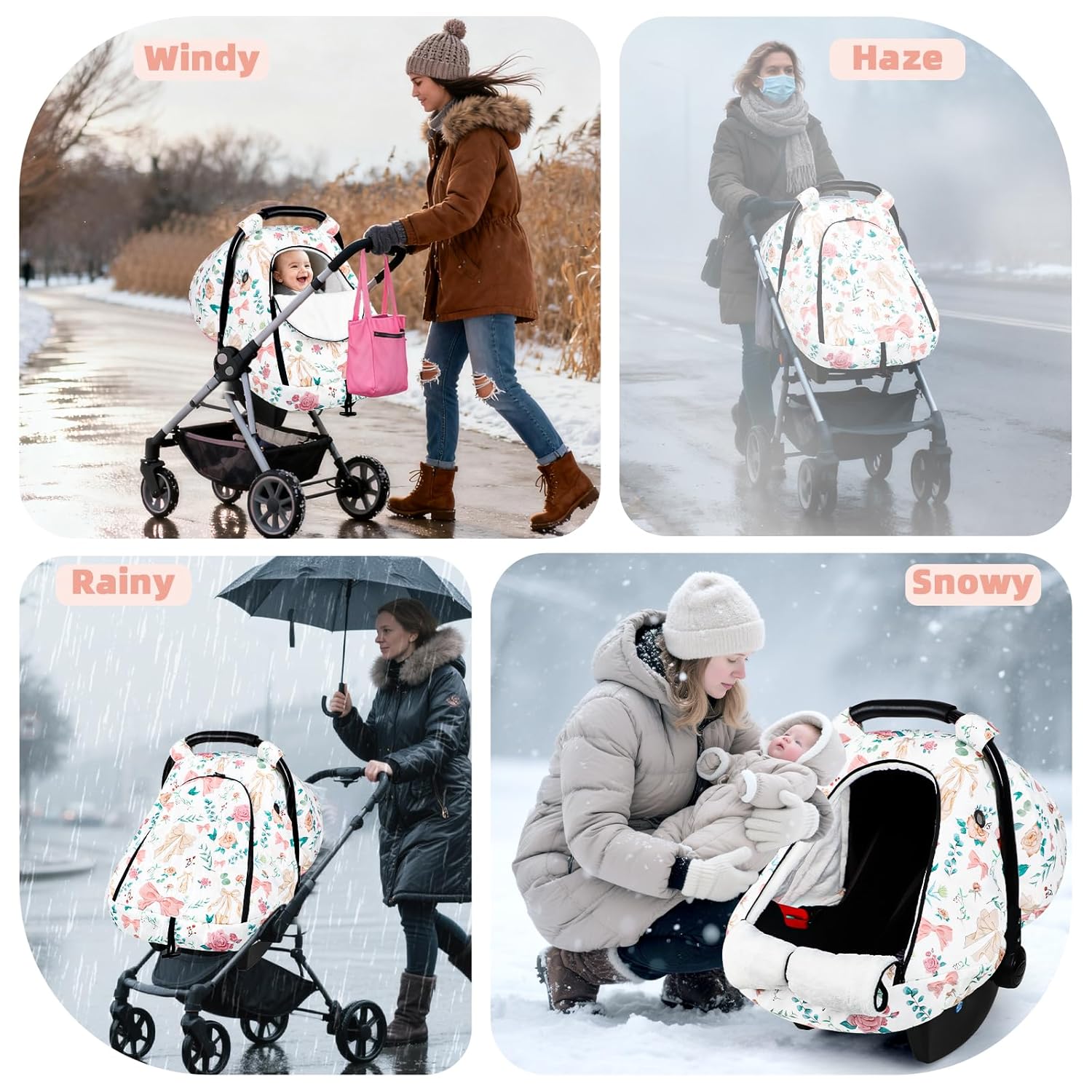 Winter Car Seat Cover Baby, GFU Warm Carseat Cover for Babies, Universal Infant Car Seat Canopy Waterproof, Cold Weather Shield Coats Pink Bow